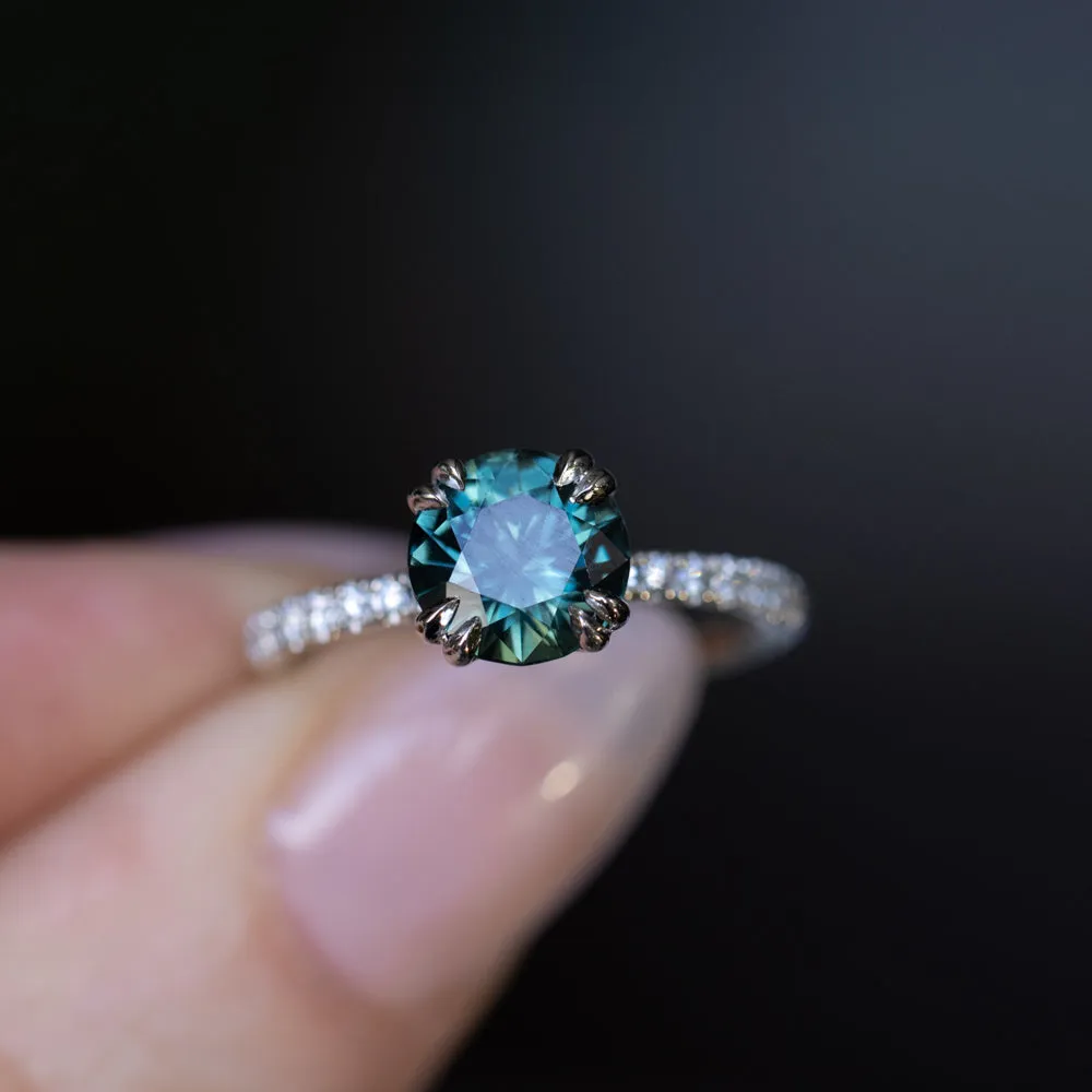 2.04ct Round Teal Sapphire Double Prong Solitaire with French Set Diamonds in Platinum