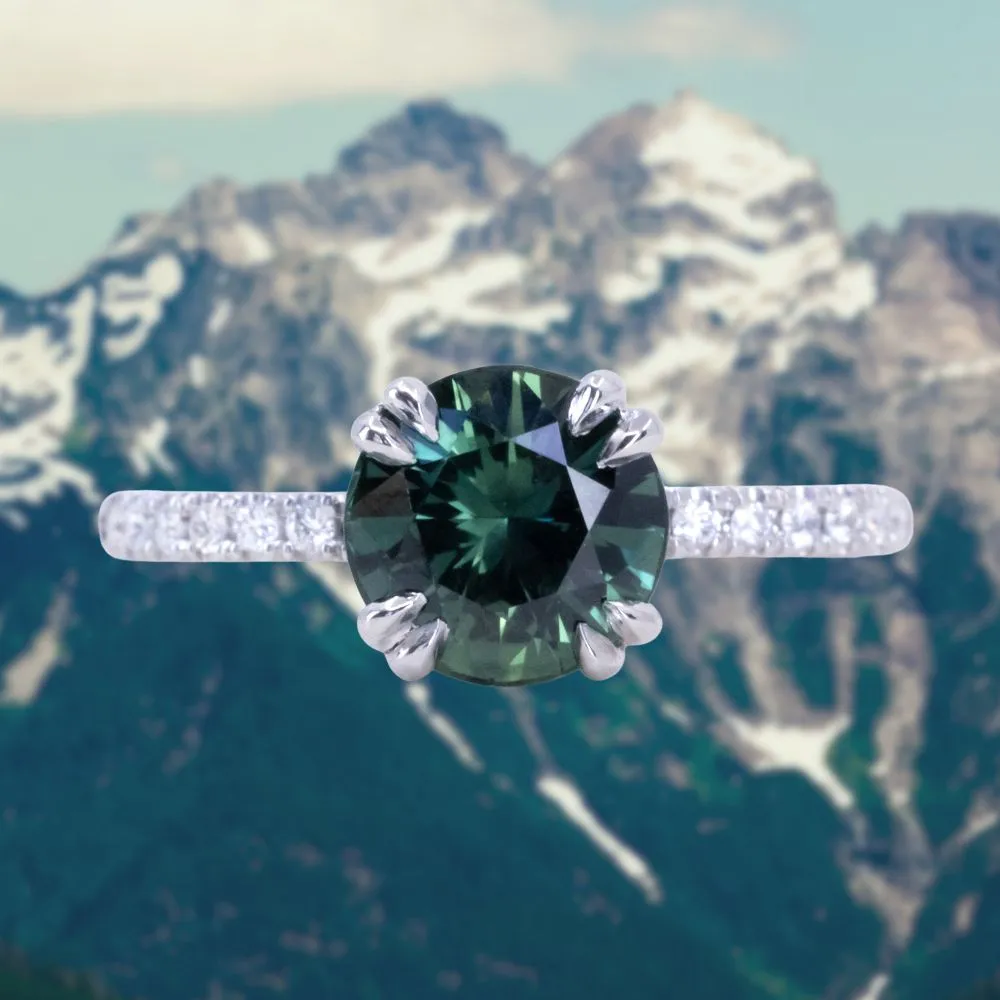 2.04ct Round Teal Sapphire Double Prong Solitaire with French Set Diamonds in Platinum