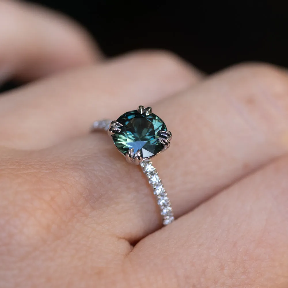 2.04ct Round Teal Sapphire Double Prong Solitaire with French Set Diamonds in Platinum