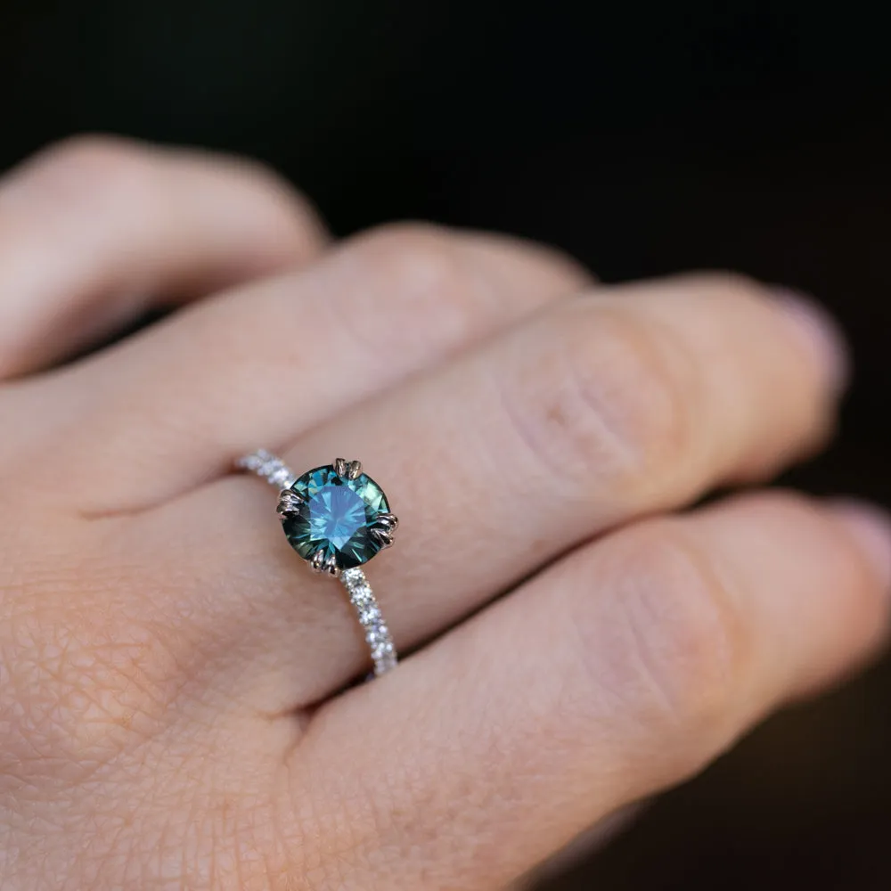 2.04ct Round Teal Sapphire Double Prong Solitaire with French Set Diamonds in Platinum