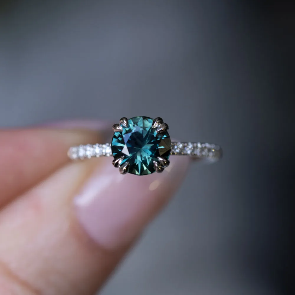 2.04ct Round Teal Sapphire Double Prong Solitaire with French Set Diamonds in Platinum