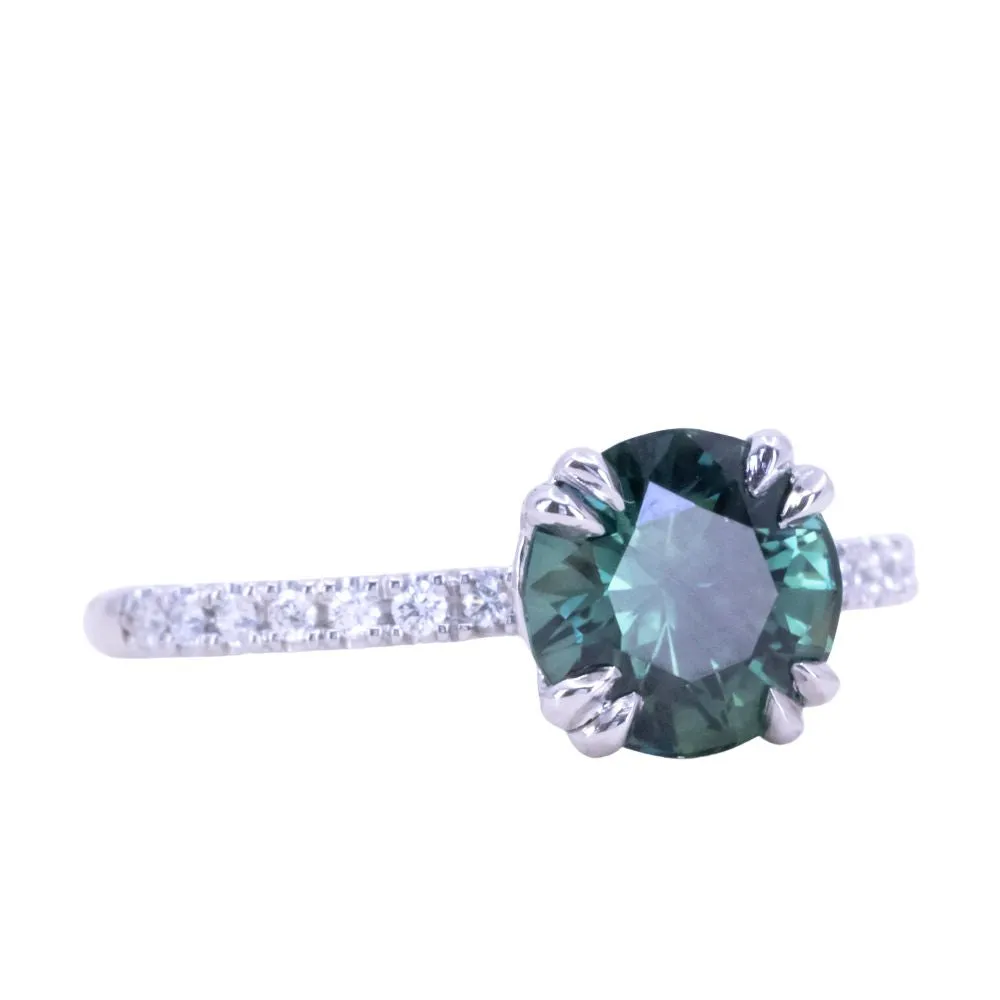 2.04ct Round Teal Sapphire Double Prong Solitaire with French Set Diamonds in Platinum