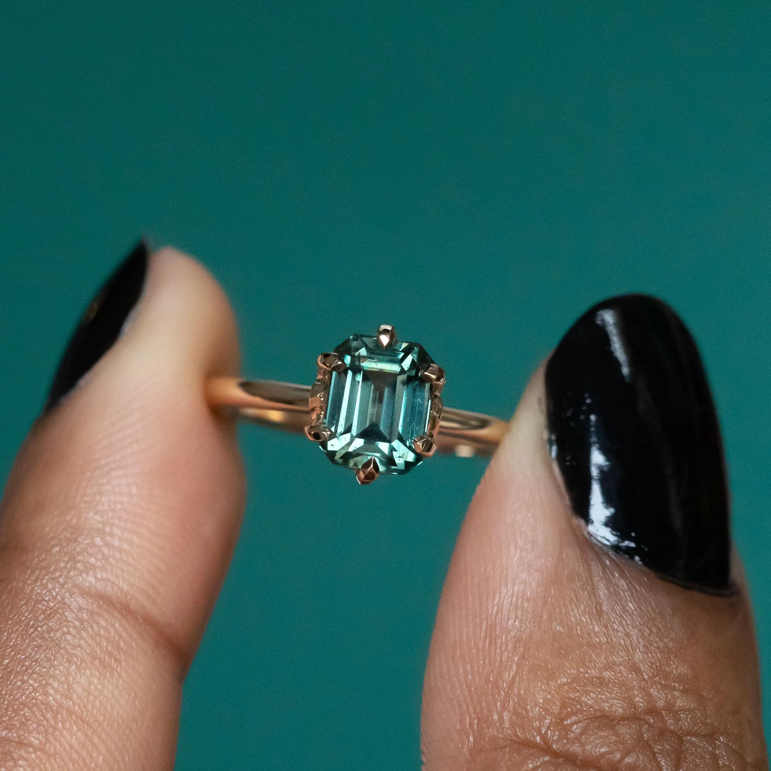 2.08ct Emerald cut Green Sapphire Lotus Six Prong Solitaire in 14k Yellow Gold