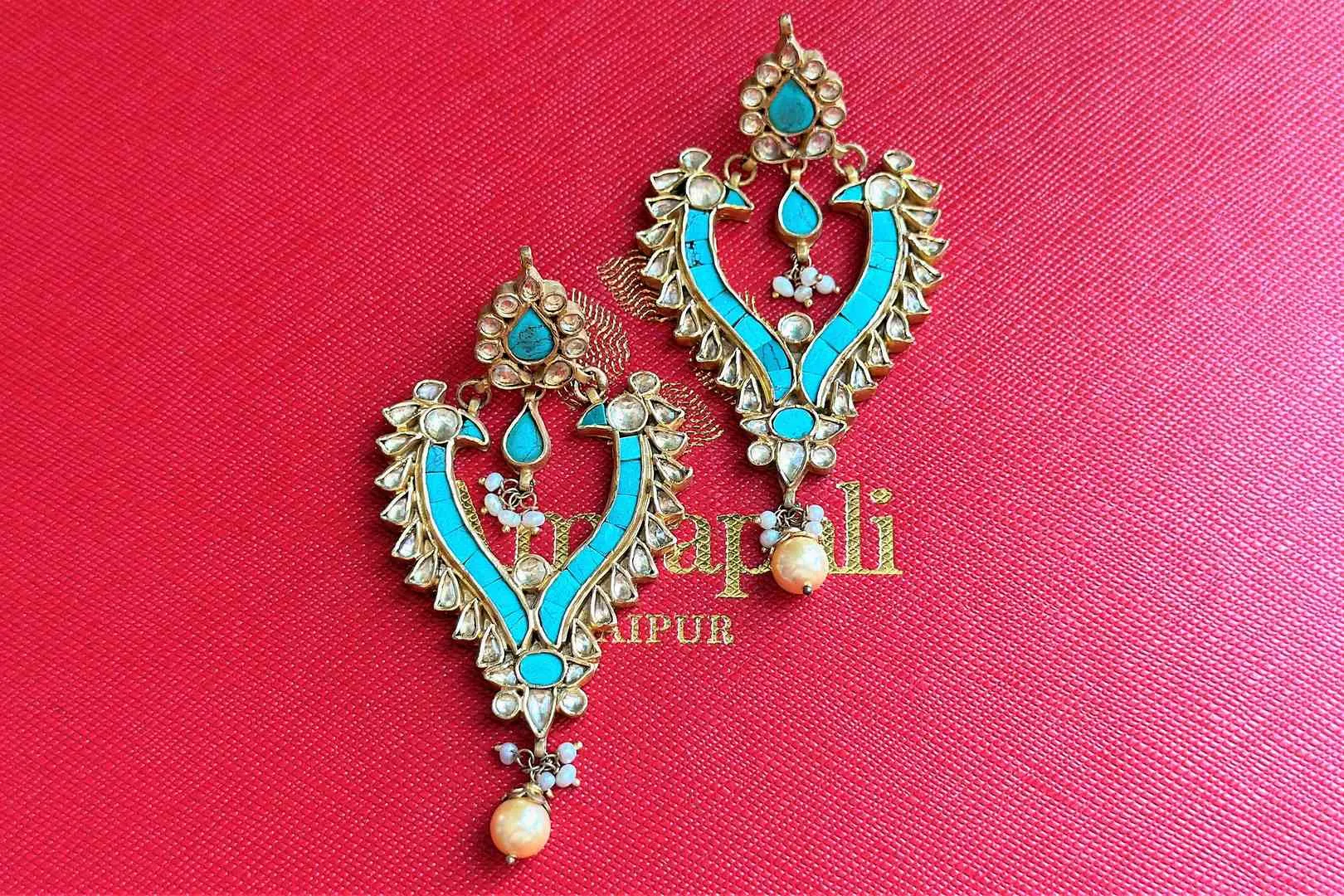 21A010 Gold Plated Turquoise Glass Earrings with Pearl Drop