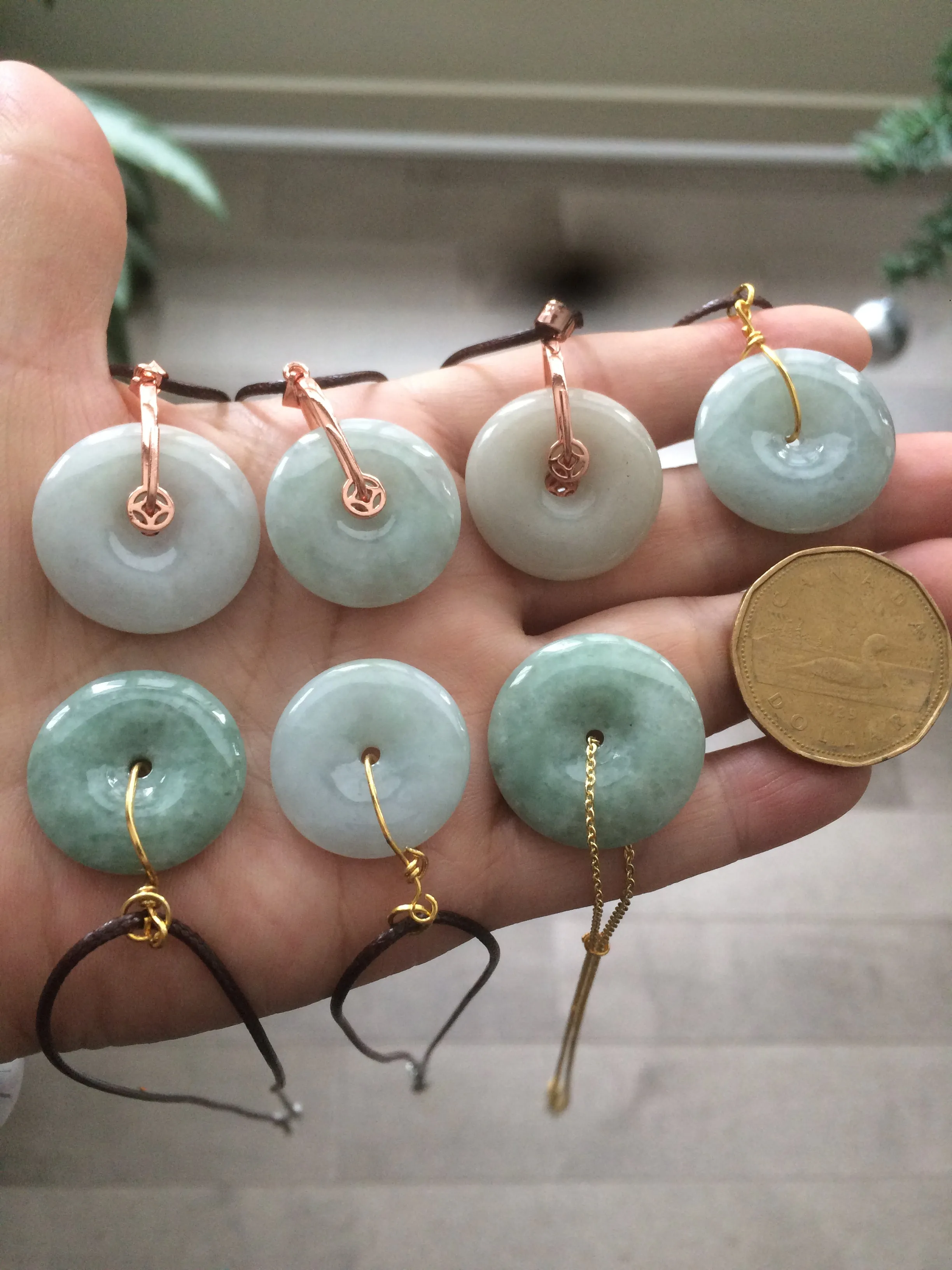 22-24mm Type A 100% Natural green/white Jadeite Jade Safety Guardian Button donut Pendant group AE25