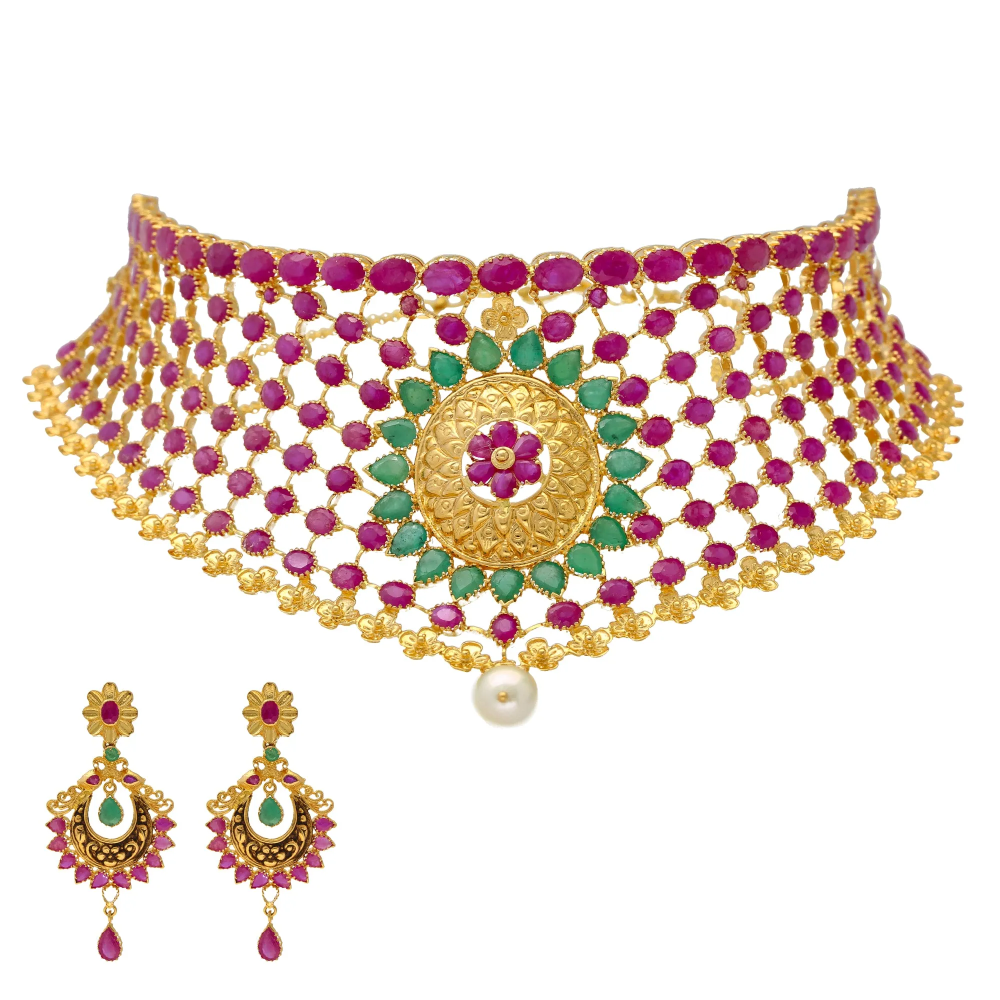 22K Yellow Gold & Gemstone Choker Set (76.5gm)