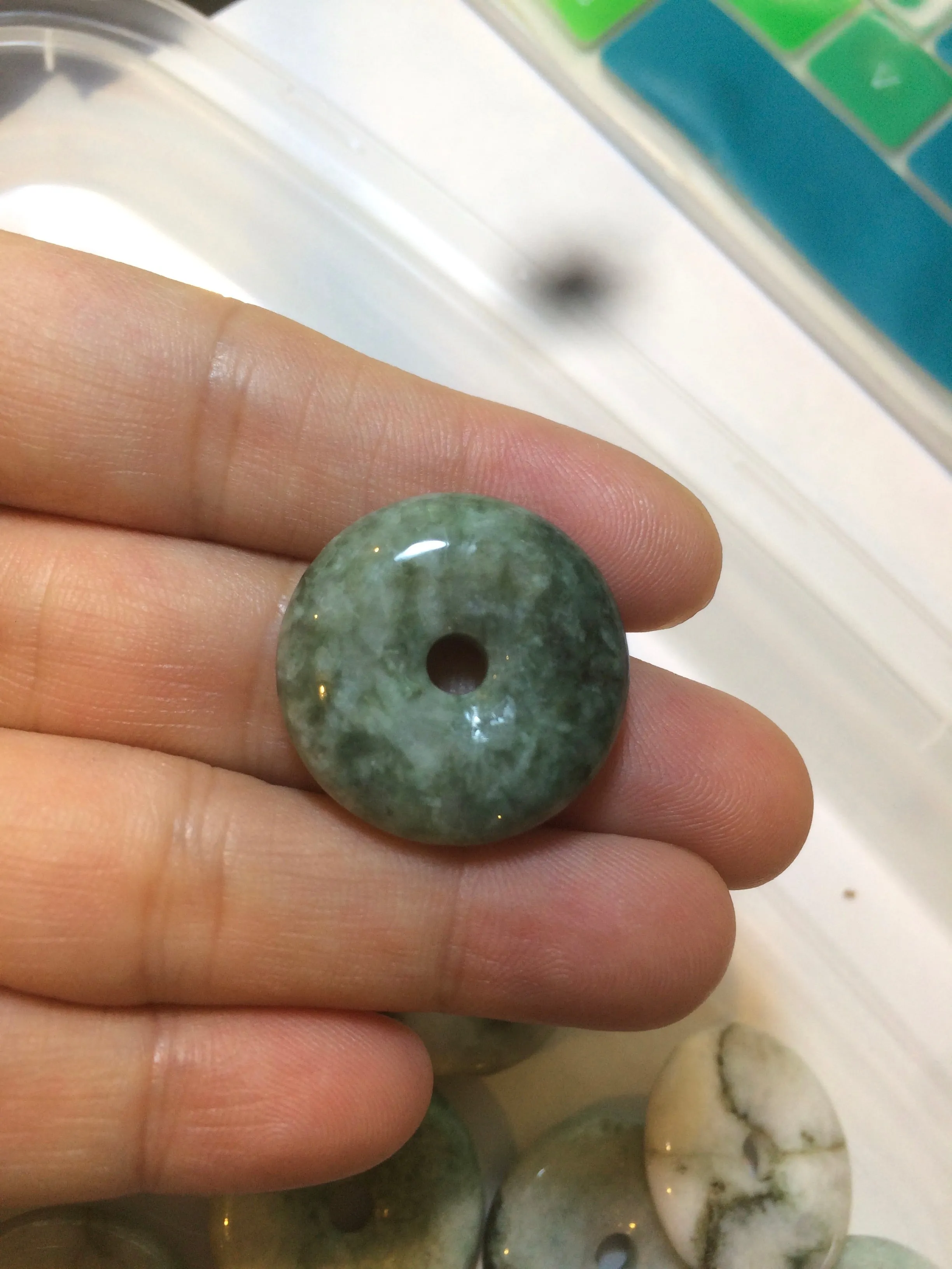 24-25mm Type A 100% Natural dark green/white Jadeite Jade Safety Guardian Button donut Pendant group AK40-1 (Add-on items)