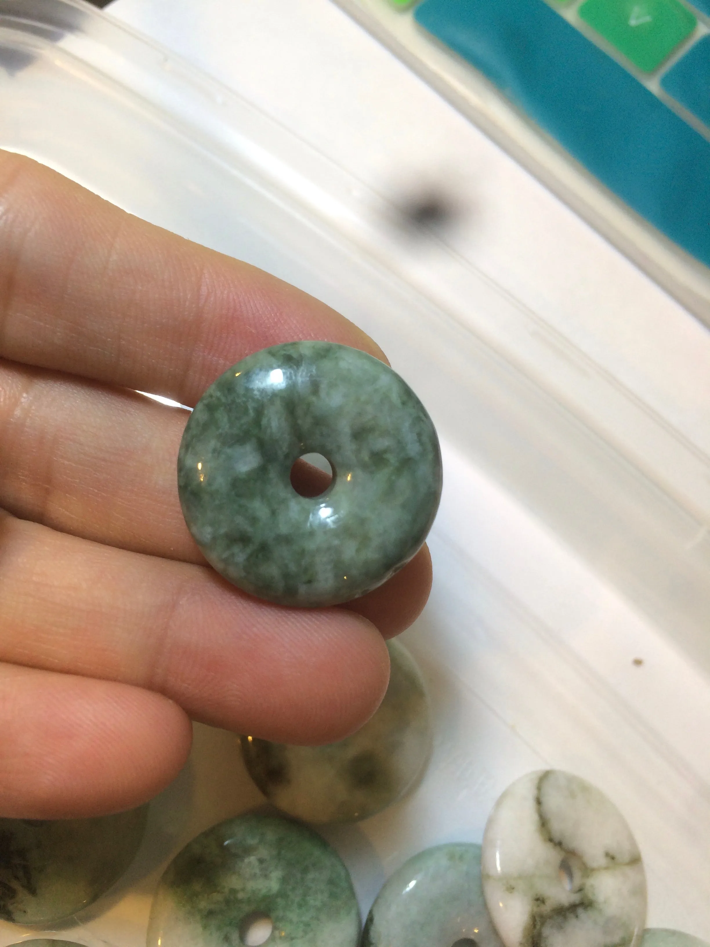 24-25mm Type A 100% Natural dark green/white Jadeite Jade Safety Guardian Button donut Pendant group AK40-1 (Add-on items)