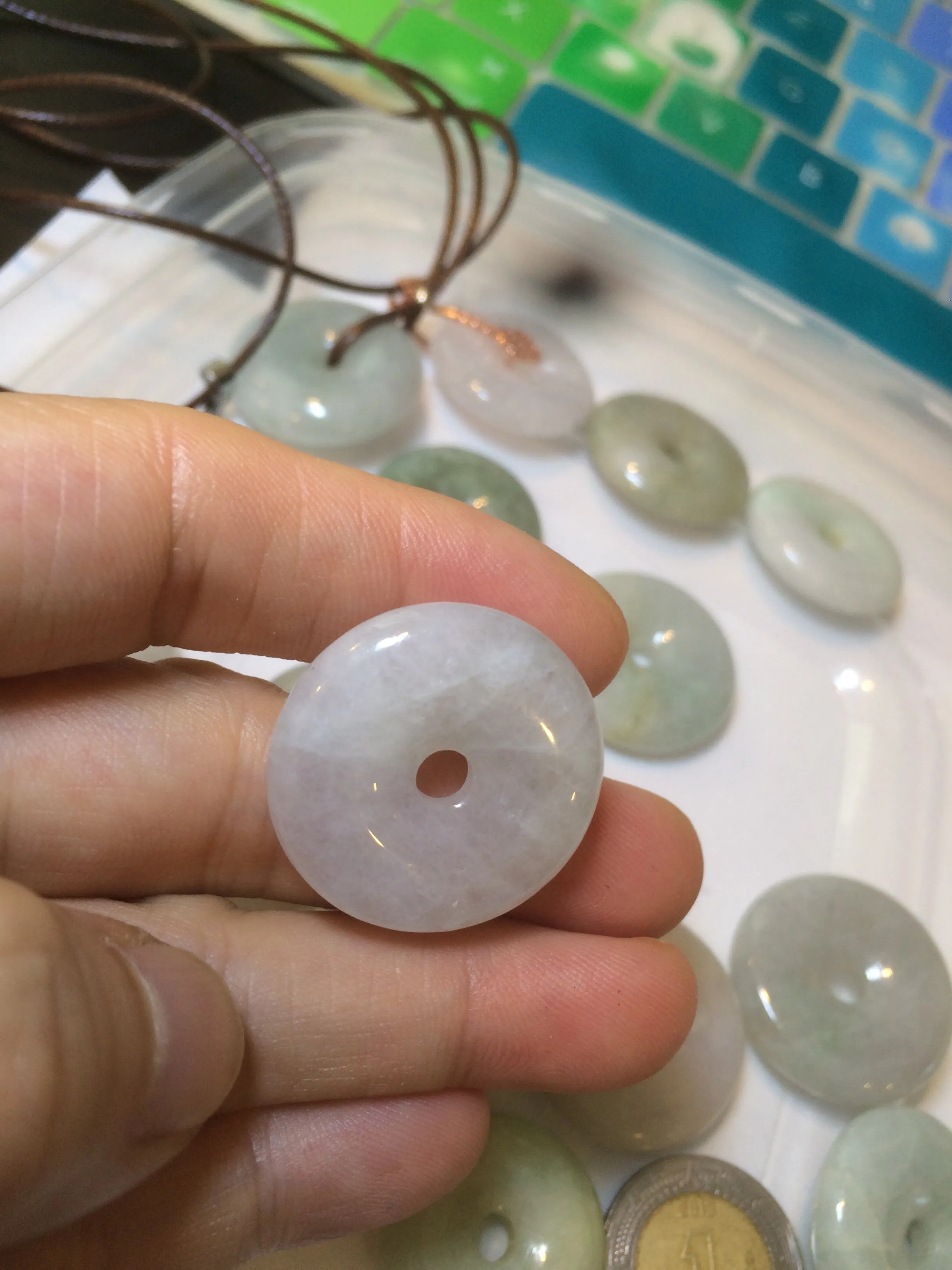 24-25mm Type A 100% Natural light green/white/purple/red Jadeite Jade Safety Guardian Button donut Pendant group AK39 (Add-on items)