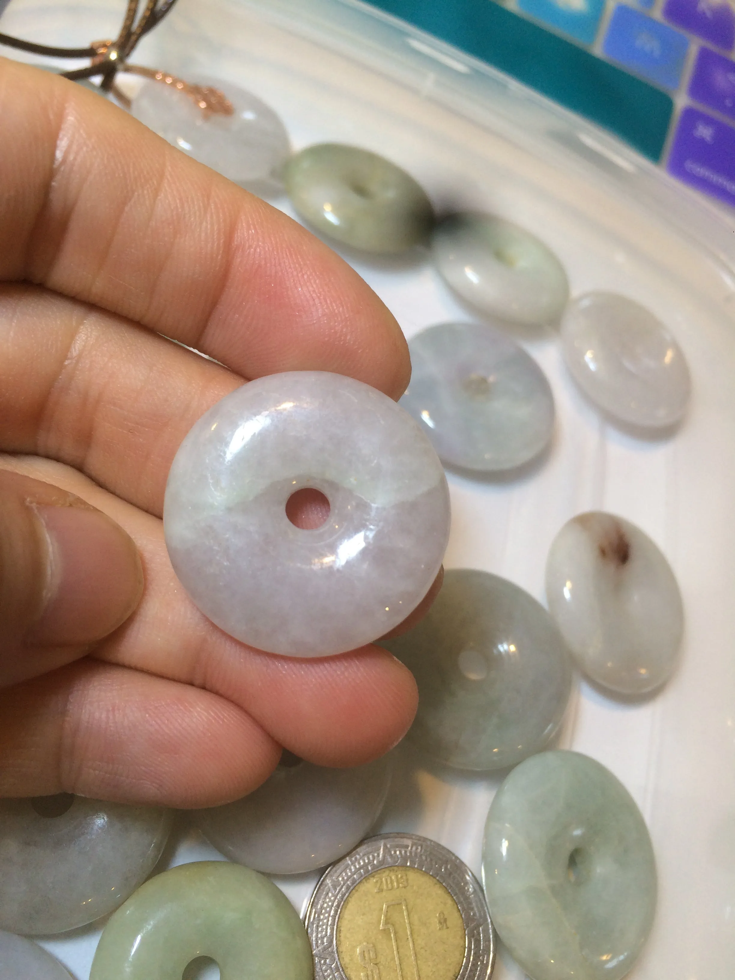 24-25mm Type A 100% Natural light green/white/purple/red Jadeite Jade Safety Guardian Button donut Pendant group AK39 (Add-on items)