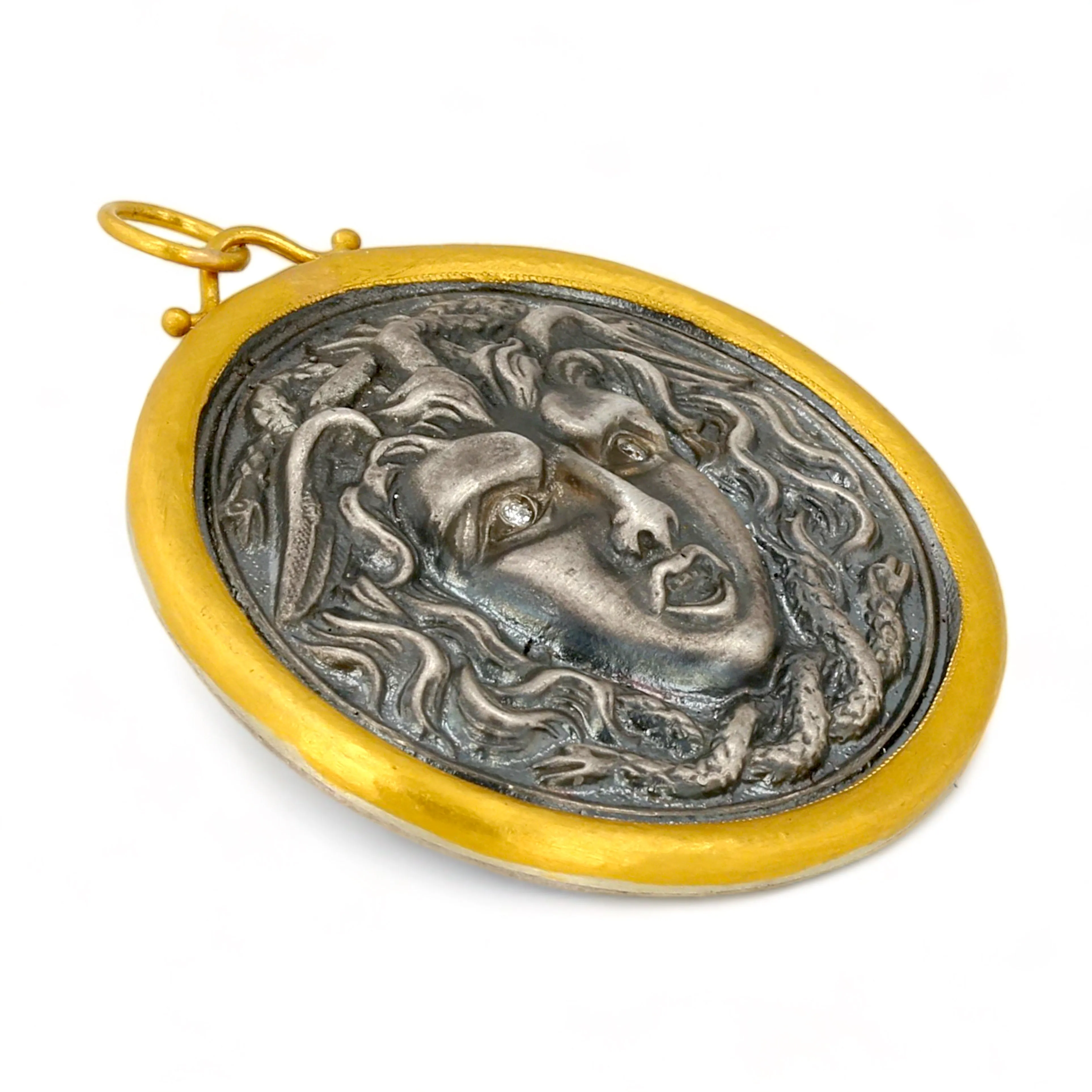 24k bezel oxidative silver 925 hammering diamonds eyes accent handcrafted coin medusa pendant unique piece-227056