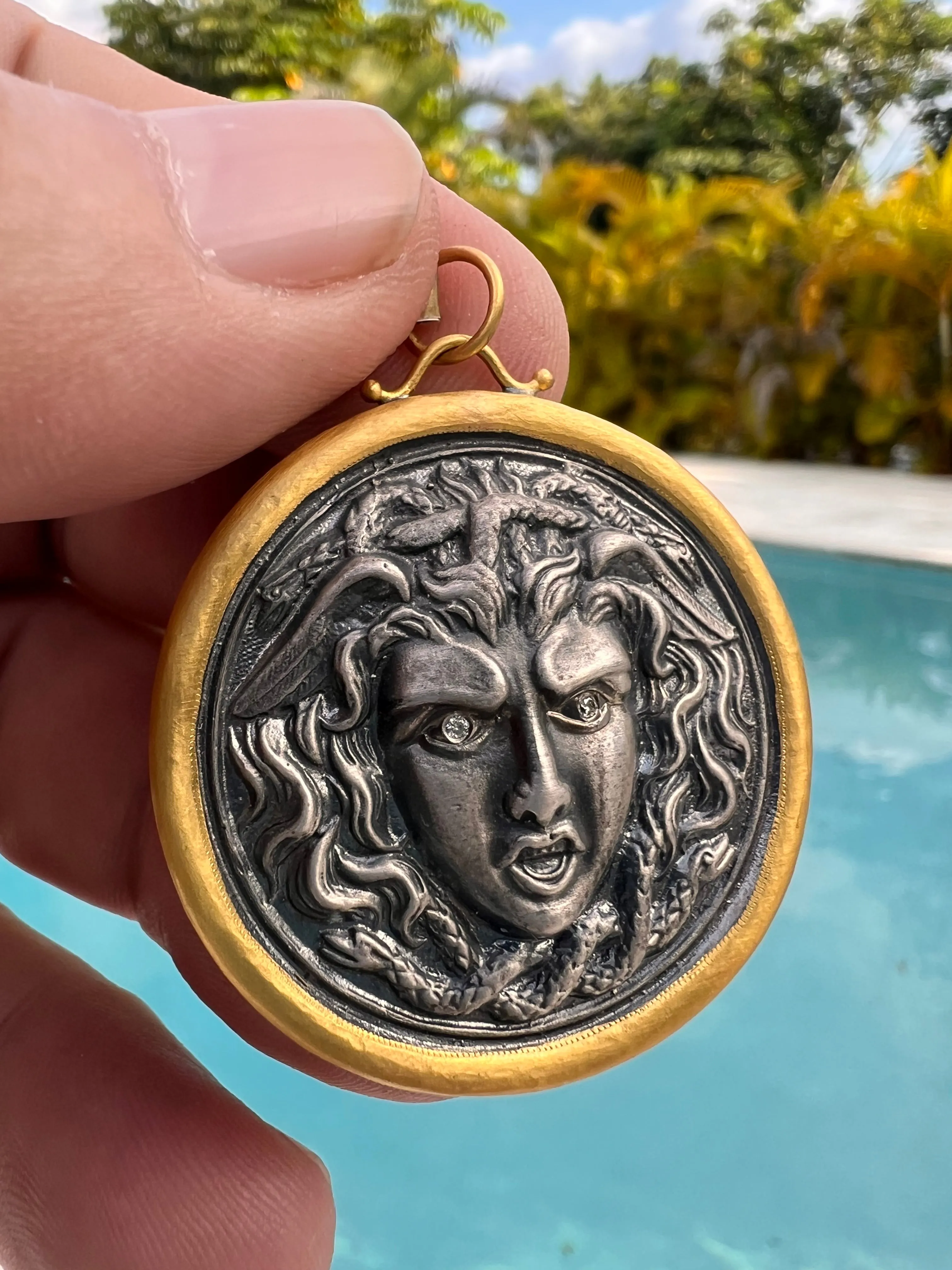 24k bezel oxidative silver 925 hammering diamonds eyes accent handcrafted coin medusa pendant unique piece-227056