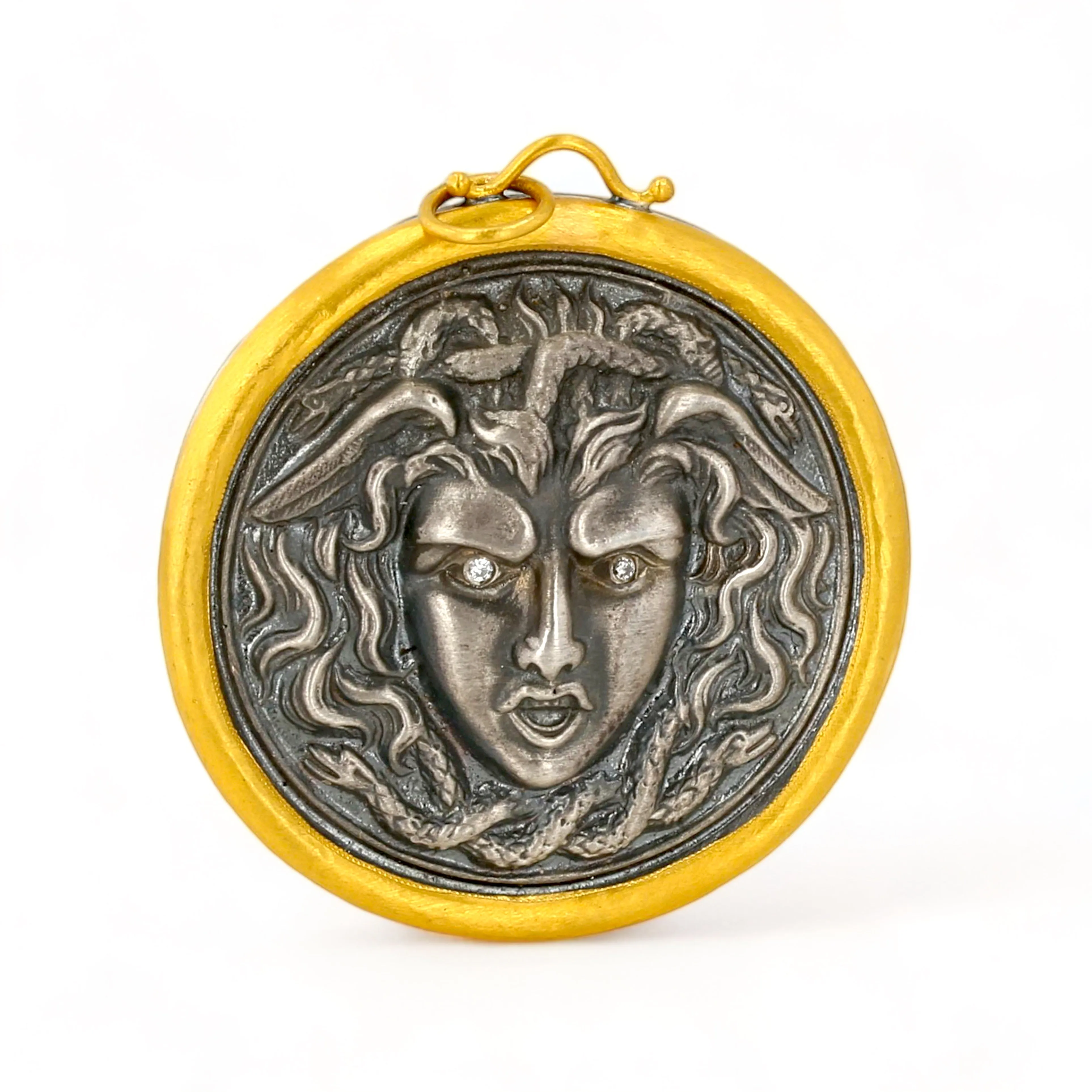 24k bezel oxidative silver 925 hammering diamonds eyes accent handcrafted coin medusa pendant unique piece-227056