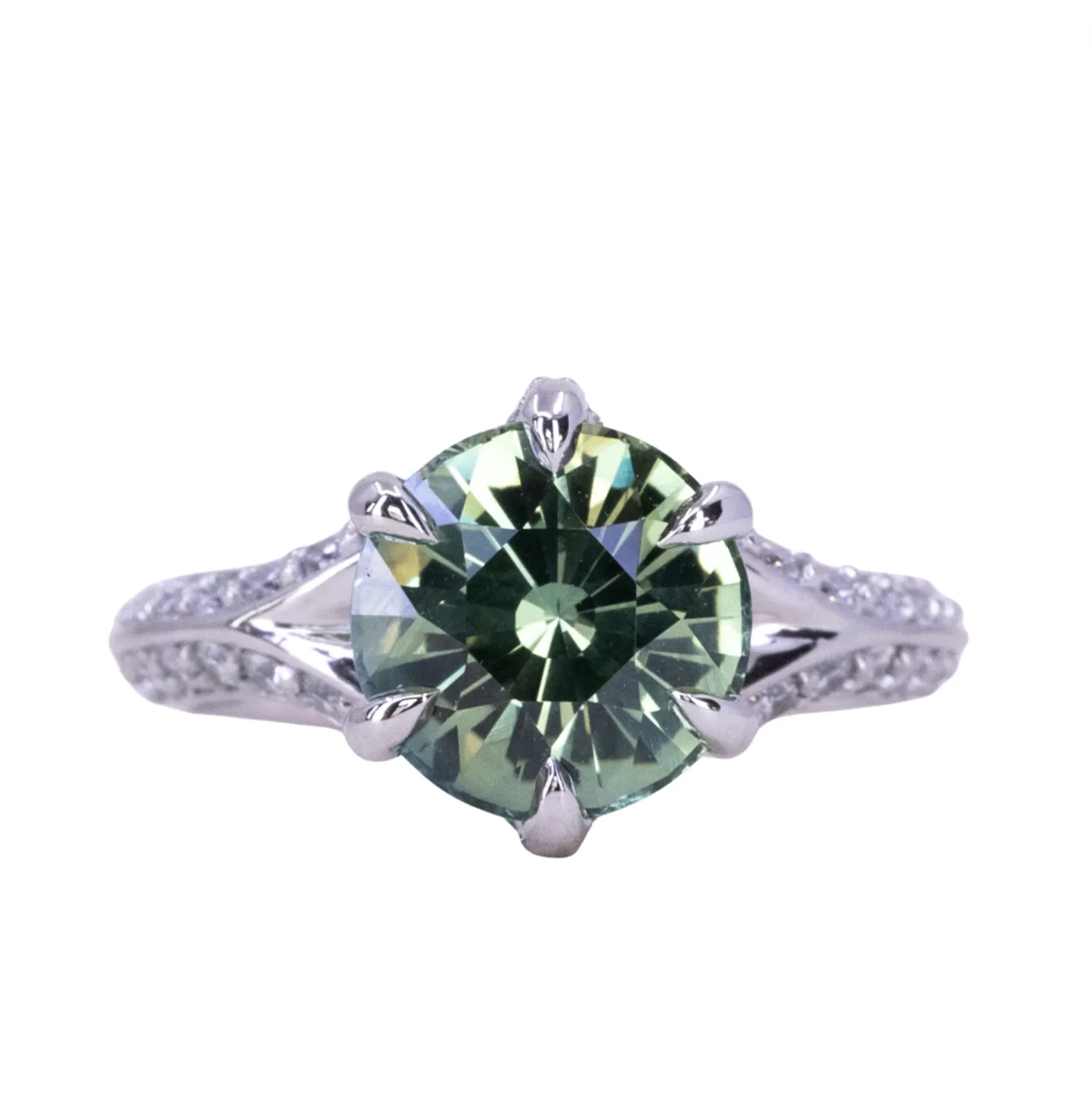 3.38ct Round Minty Green Madagascar Sapphire Diamond-studded Six Prong Split Shank Solitaire in Platinum