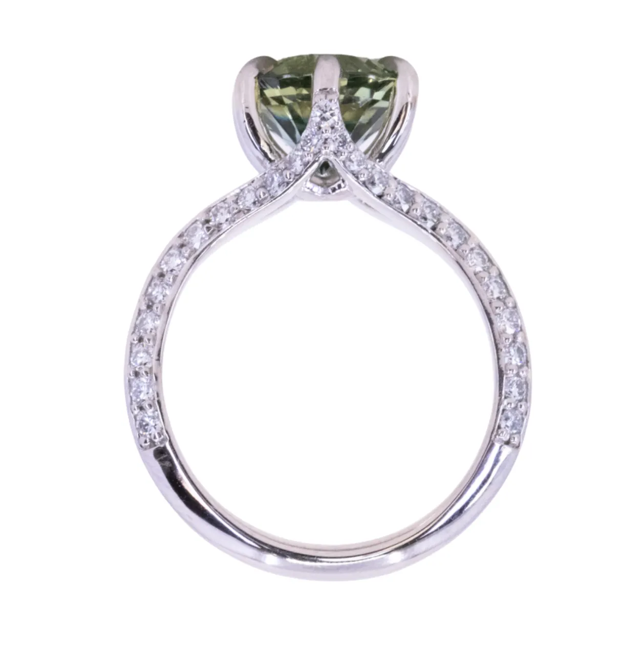 3.38ct Round Minty Green Madagascar Sapphire Diamond-studded Six Prong Split Shank Solitaire in Platinum