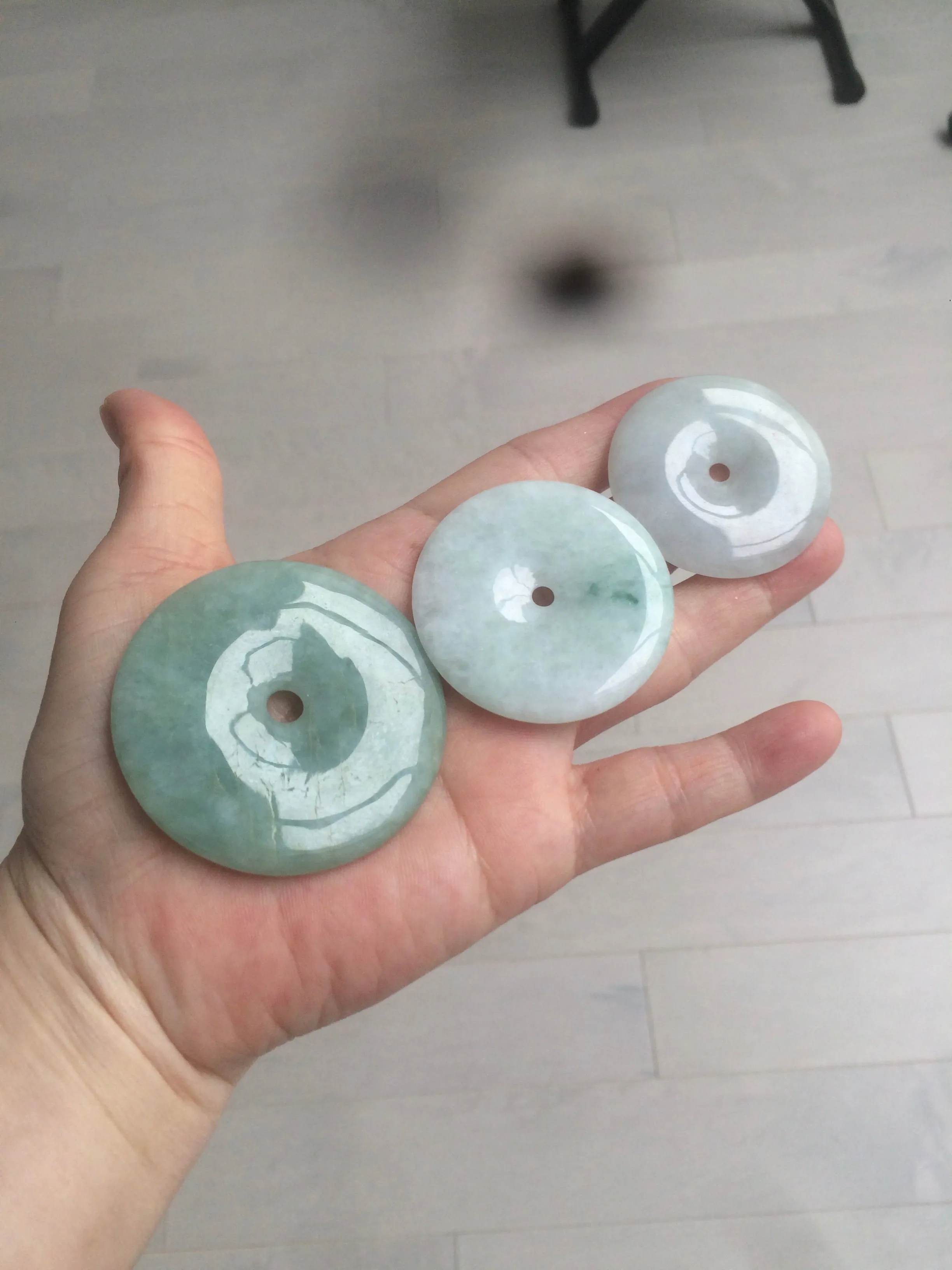 40.5-51mm Type A 100% Natural light green Jadeite Jade Safety Guardian Button donut Pendant/worry stone/car hanger group L103 (add on item)