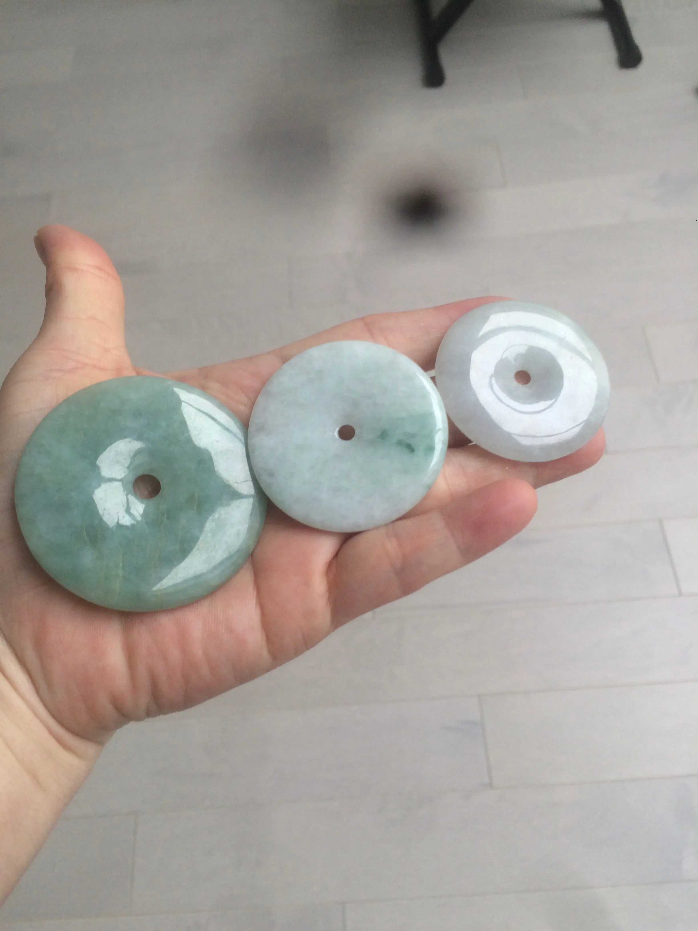 40.5-51mm Type A 100% Natural light green Jadeite Jade Safety Guardian Button donut Pendant/worry stone/car hanger group L103 (add on item)