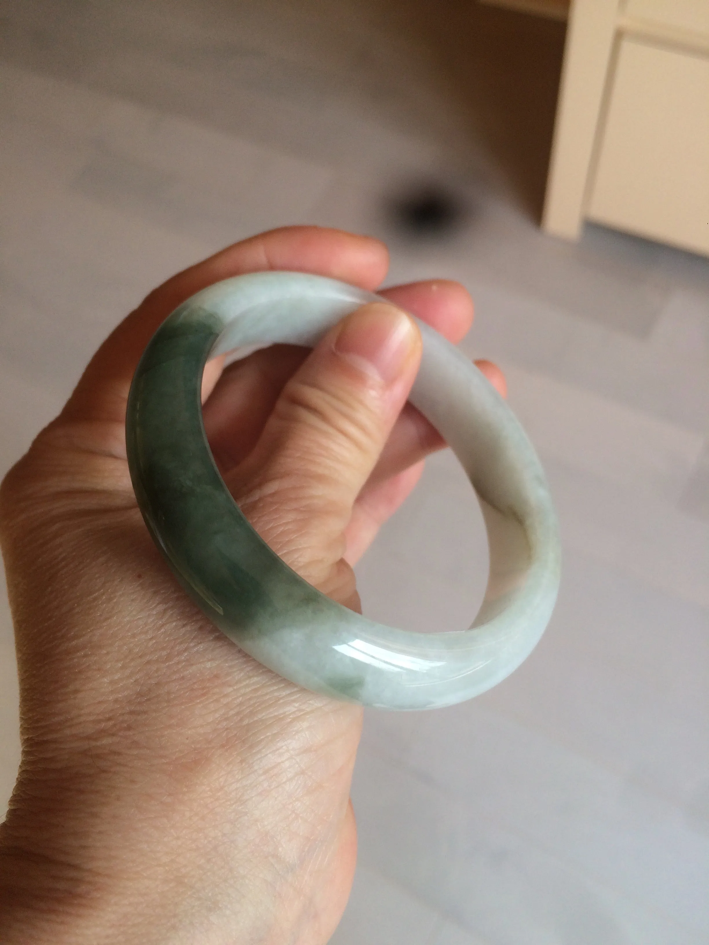 59.2mm certified type A 100% Natural watery dark green/black/white Jadeite jade bangle BF22-0395