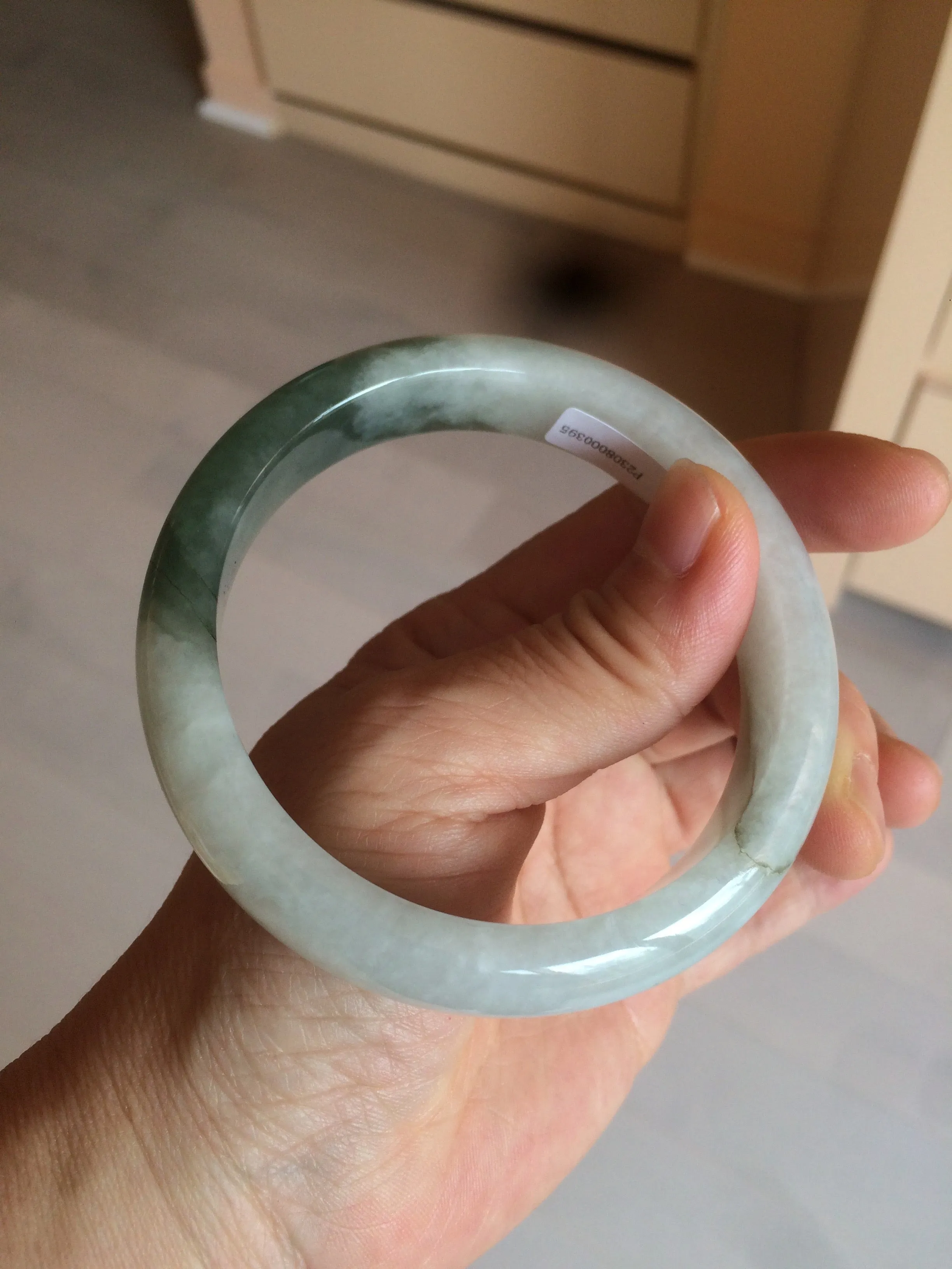 59.2mm certified type A 100% Natural watery dark green/black/white Jadeite jade bangle BF22-0395