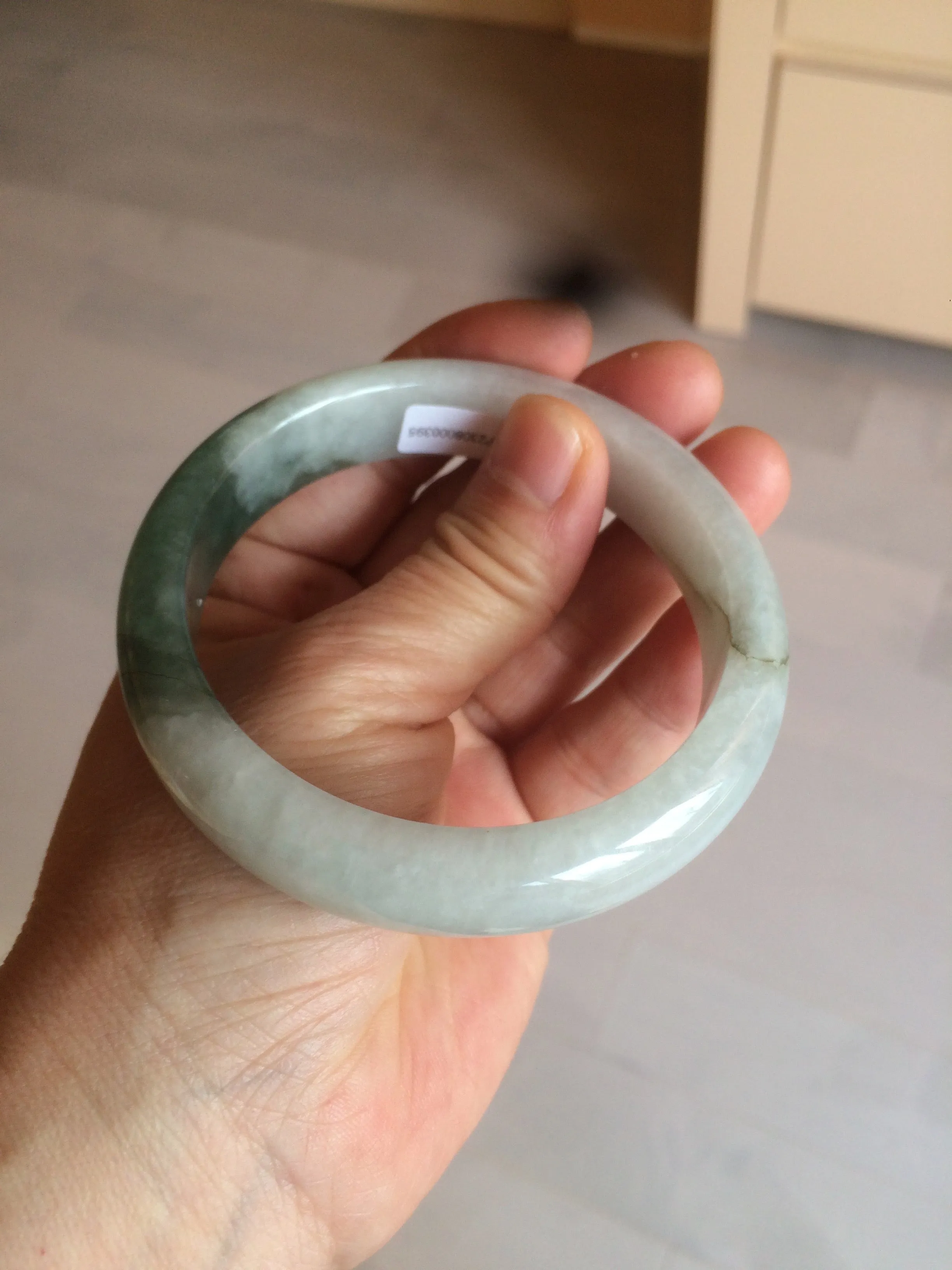 59.2mm certified type A 100% Natural watery dark green/black/white Jadeite jade bangle BF22-0395