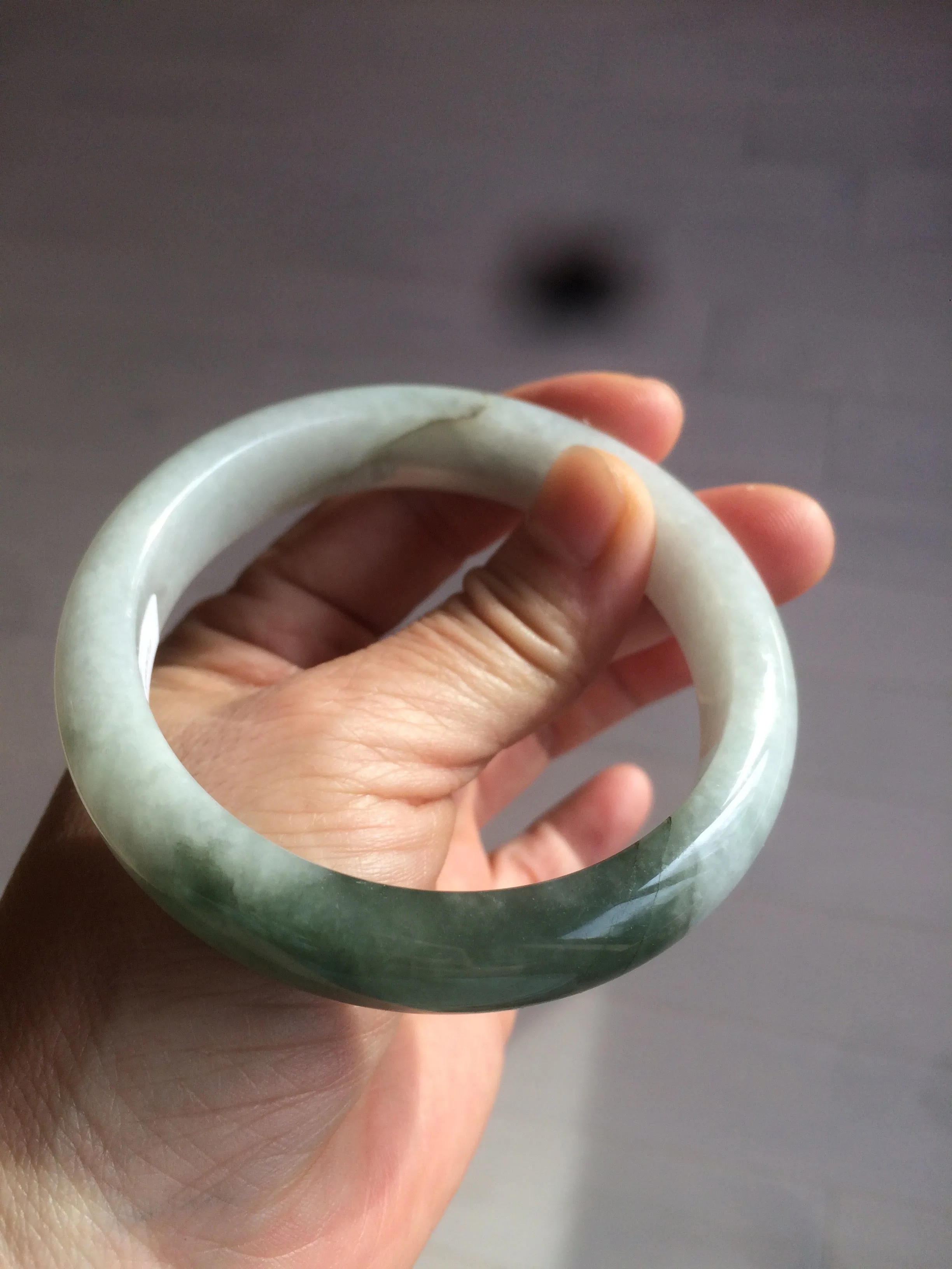 59.2mm certified type A 100% Natural watery dark green/black/white Jadeite jade bangle BF22-0395