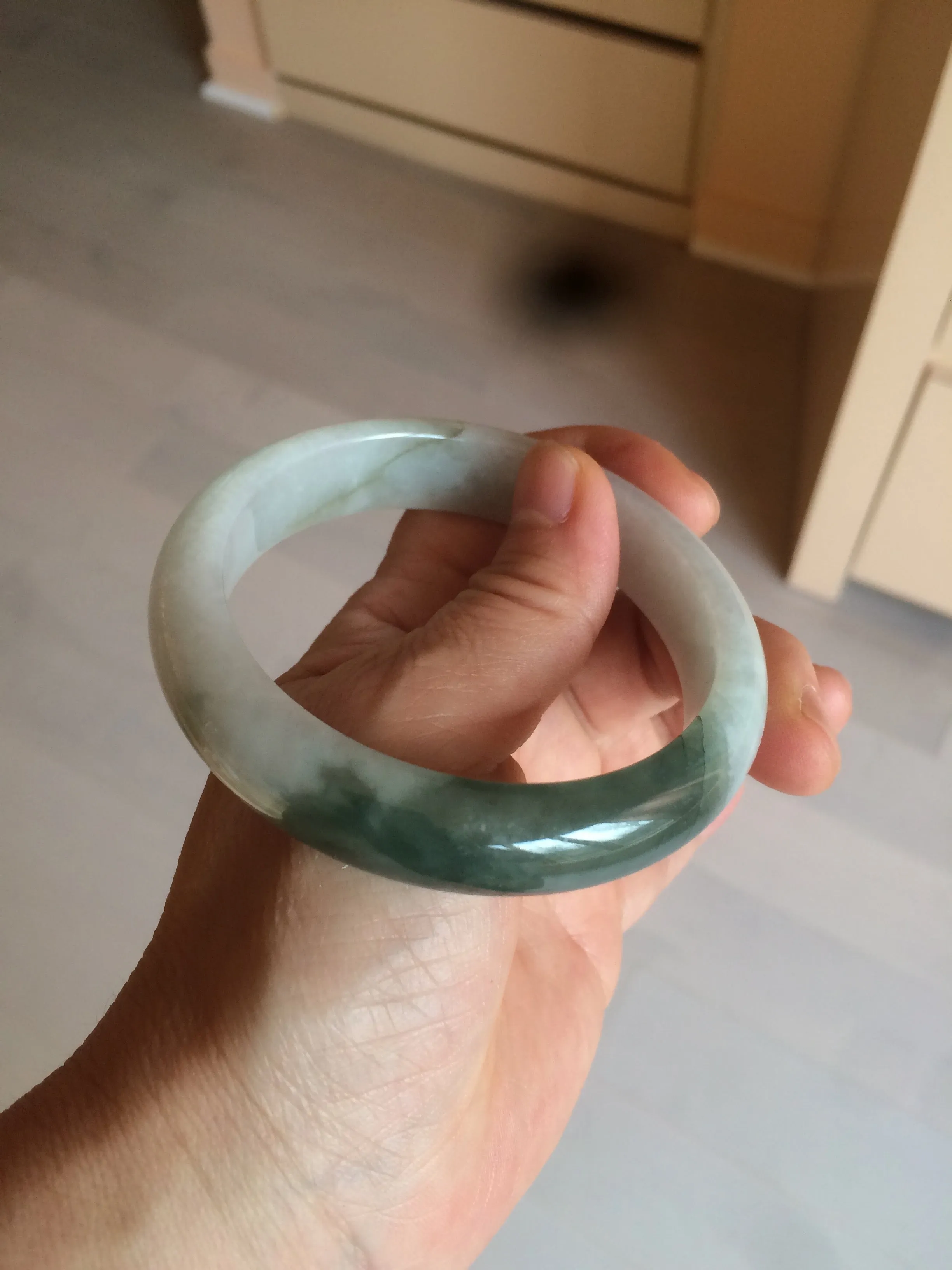 59.2mm certified type A 100% Natural watery dark green/black/white Jadeite jade bangle BF22-0395