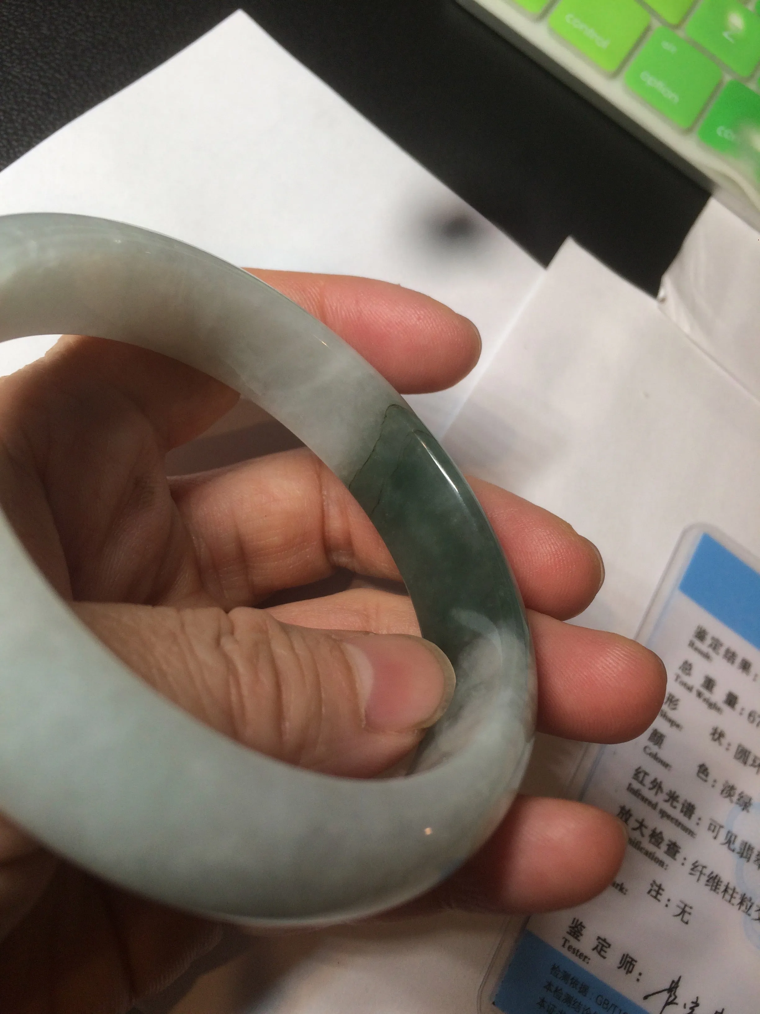 59.2mm certified type A 100% Natural watery dark green/black/white Jadeite jade bangle BF22-0395