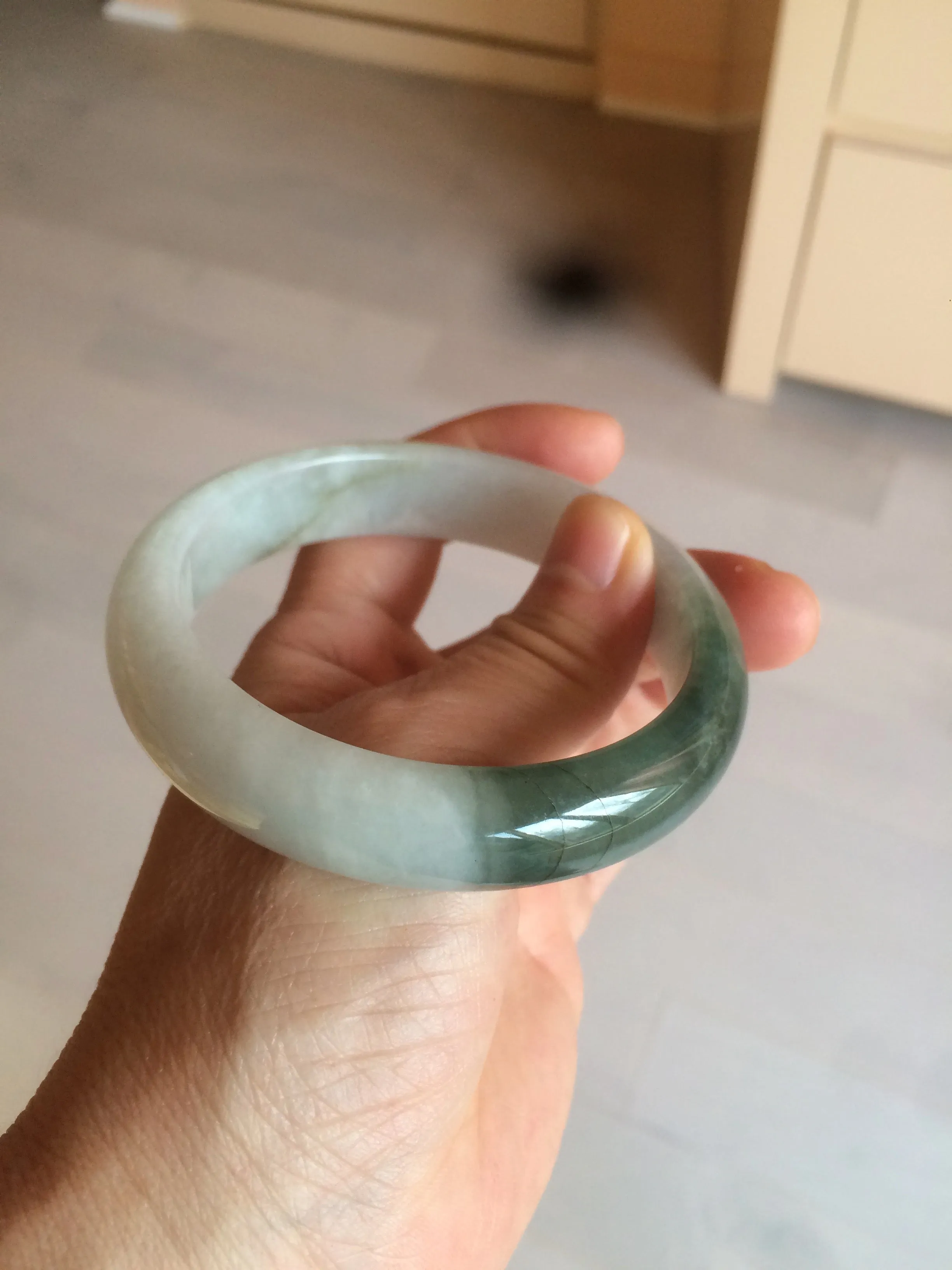 59.2mm certified type A 100% Natural watery dark green/black/white Jadeite jade bangle BF22-0395