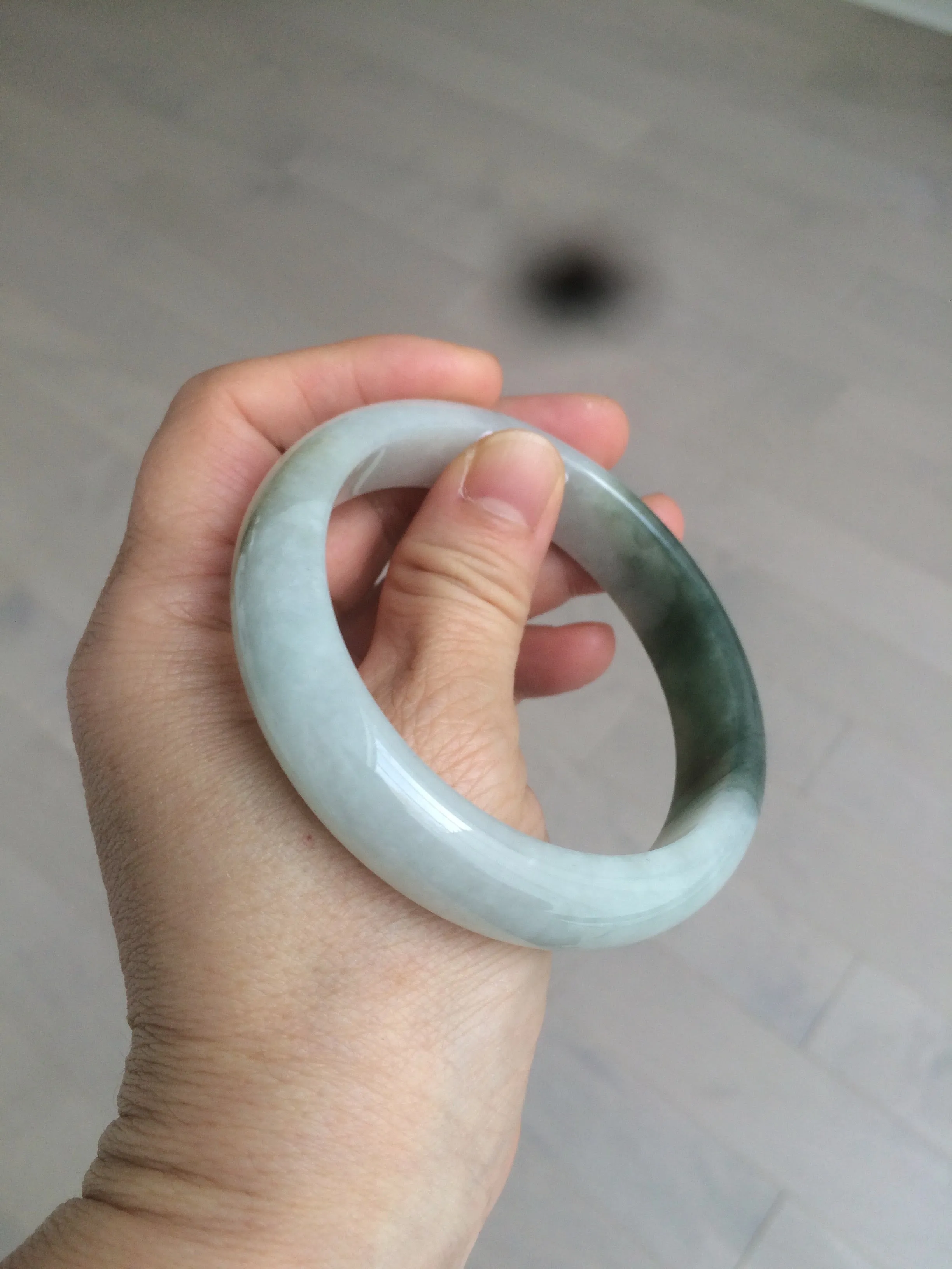 59.2mm certified type A 100% Natural watery dark green/black/white Jadeite jade bangle BF22-0395