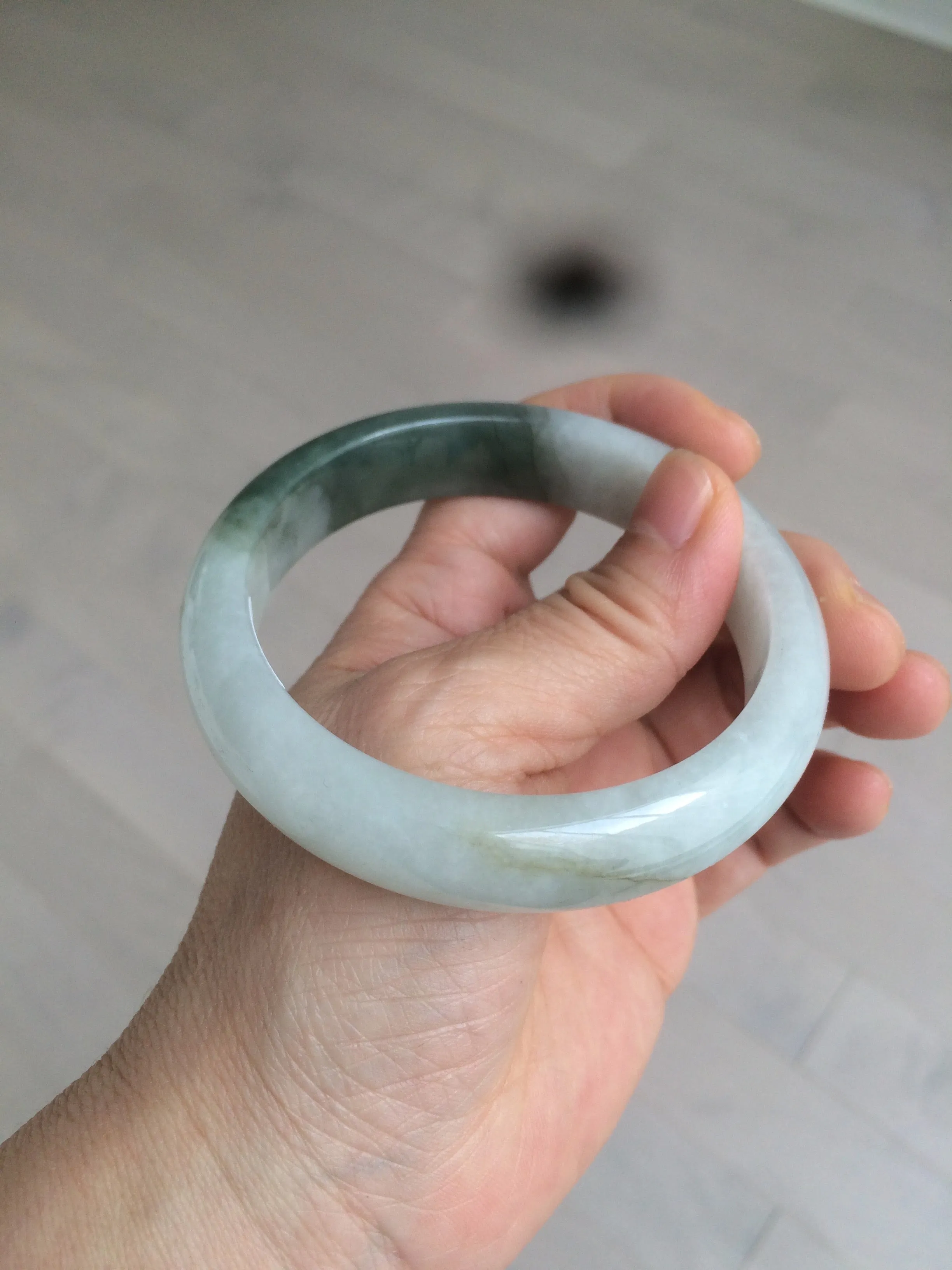 59.2mm certified type A 100% Natural watery dark green/black/white Jadeite jade bangle BF22-0395