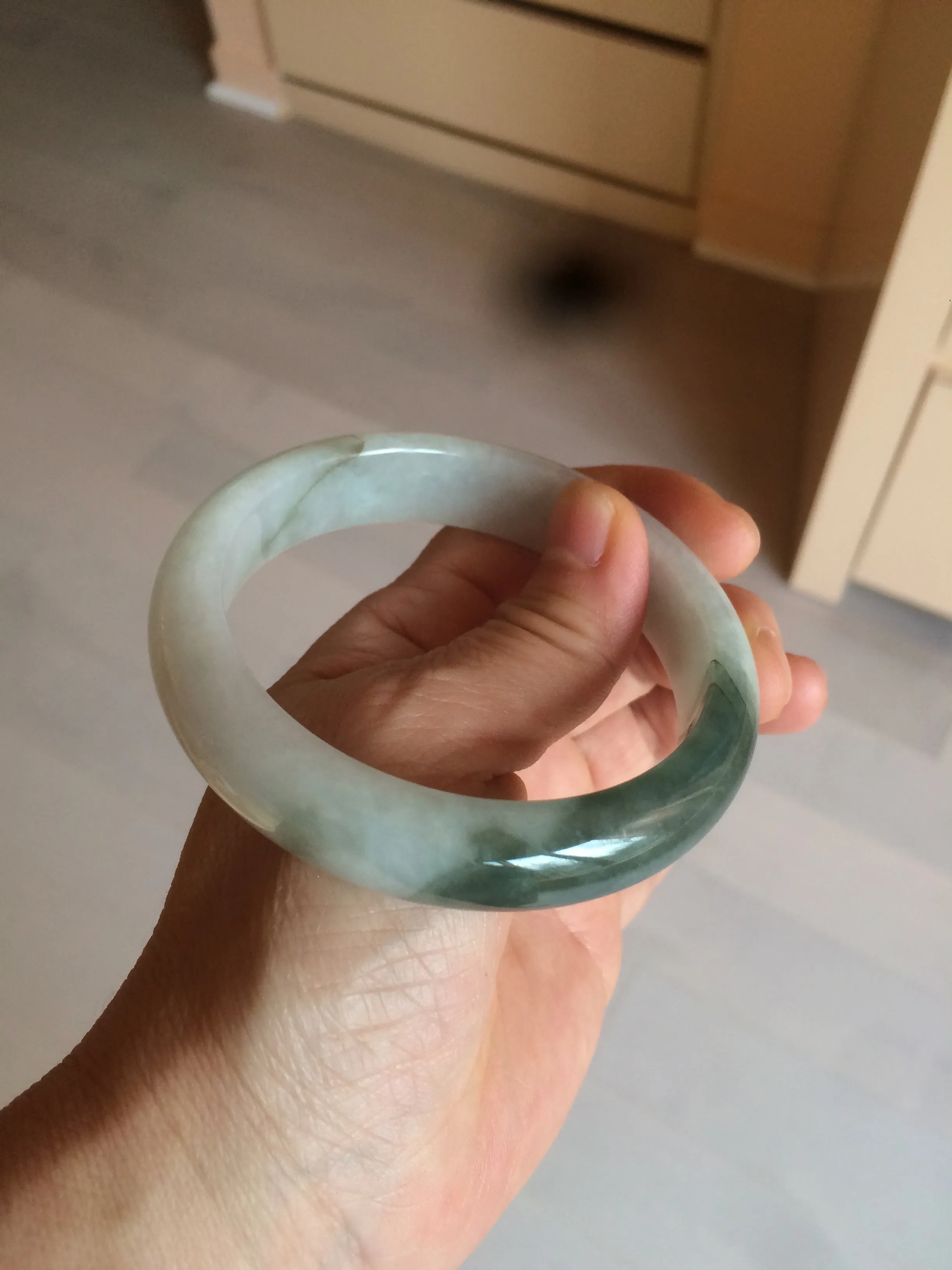 59.2mm certified type A 100% Natural watery dark green/black/white Jadeite jade bangle BF22-0395