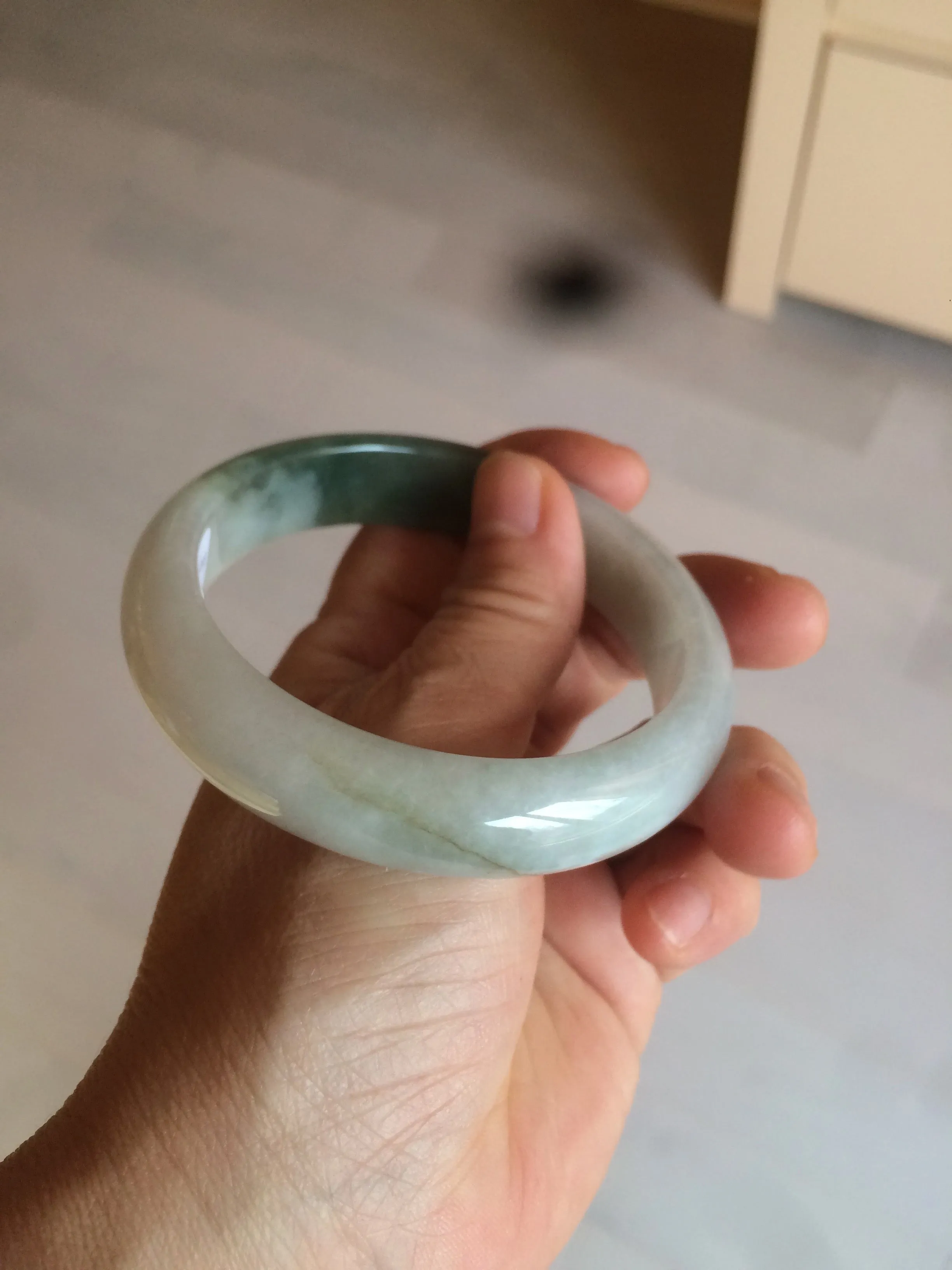 59.2mm certified type A 100% Natural watery dark green/black/white Jadeite jade bangle BF22-0395