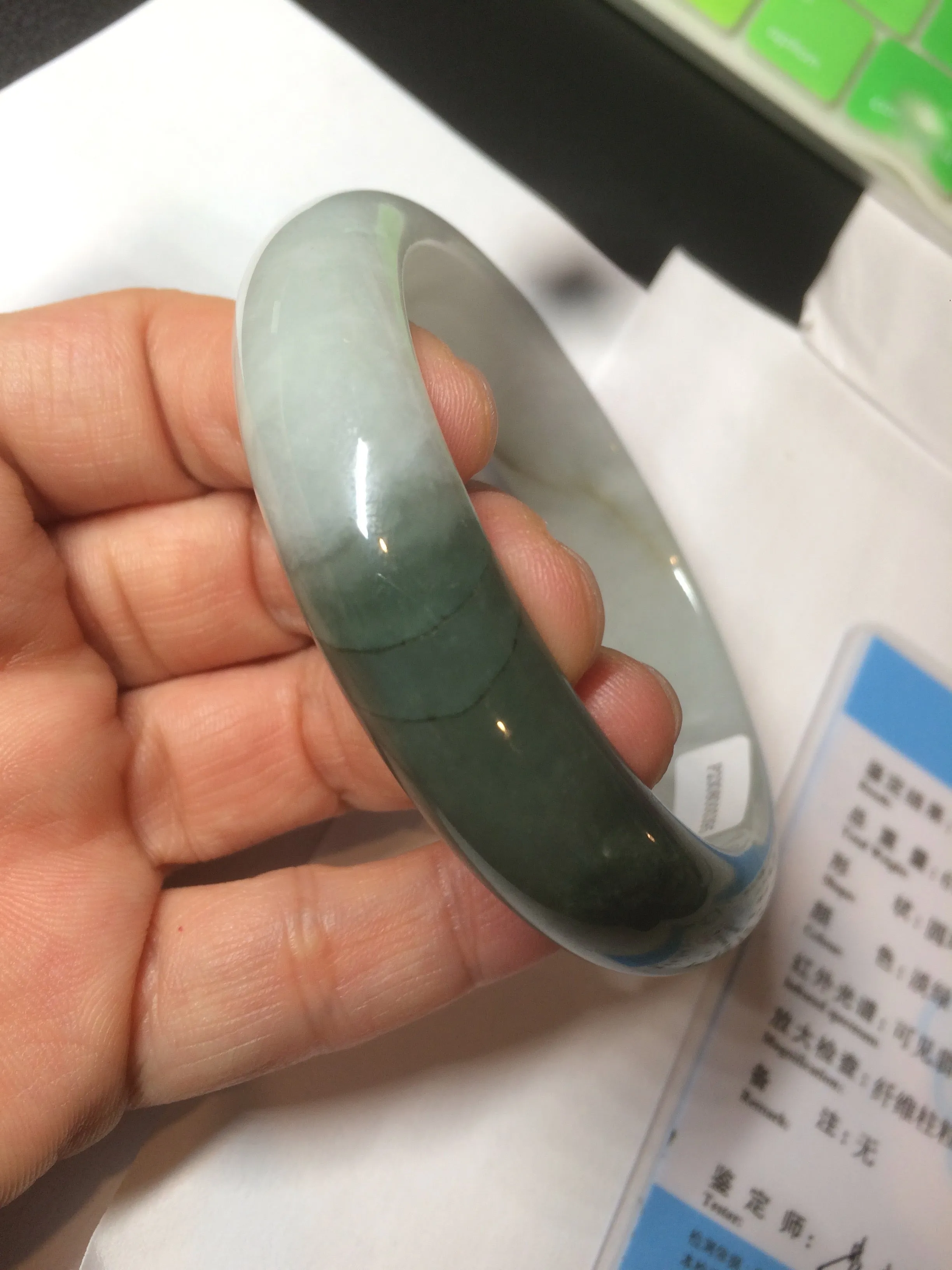 59.2mm certified type A 100% Natural watery dark green/black/white Jadeite jade bangle BF22-0395