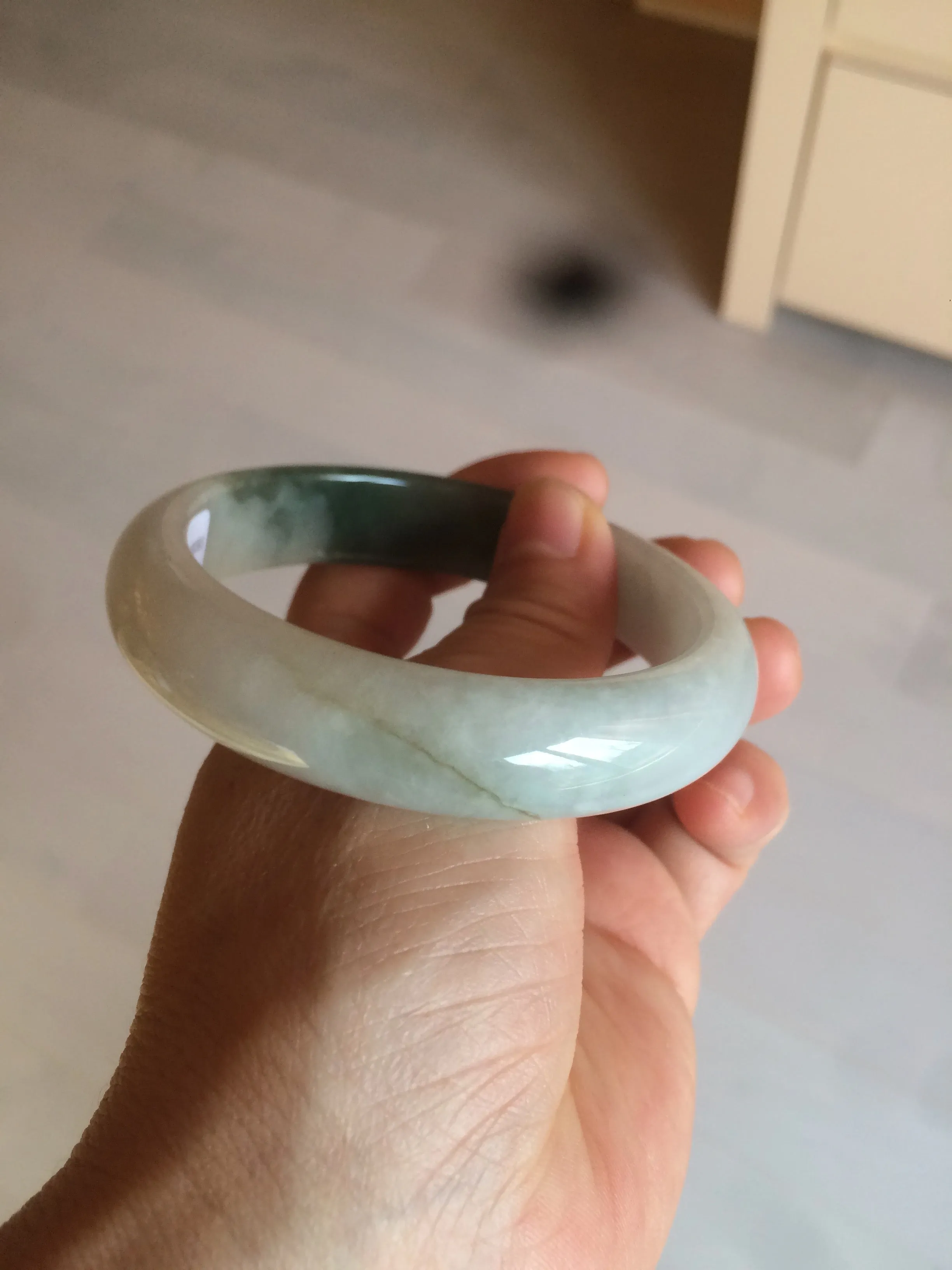 59.2mm certified type A 100% Natural watery dark green/black/white Jadeite jade bangle BF22-0395