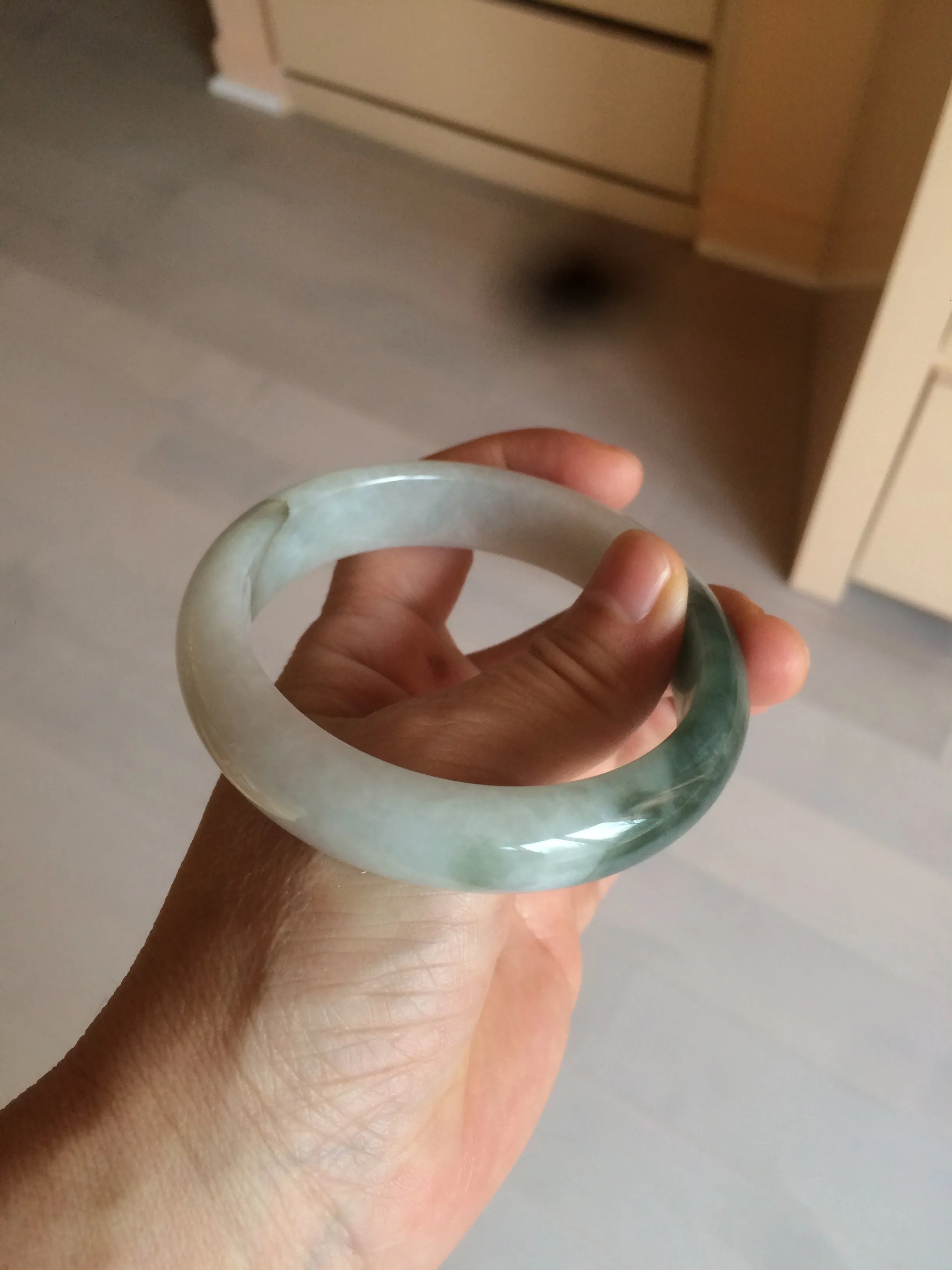 59.2mm certified type A 100% Natural watery dark green/black/white Jadeite jade bangle BF22-0395