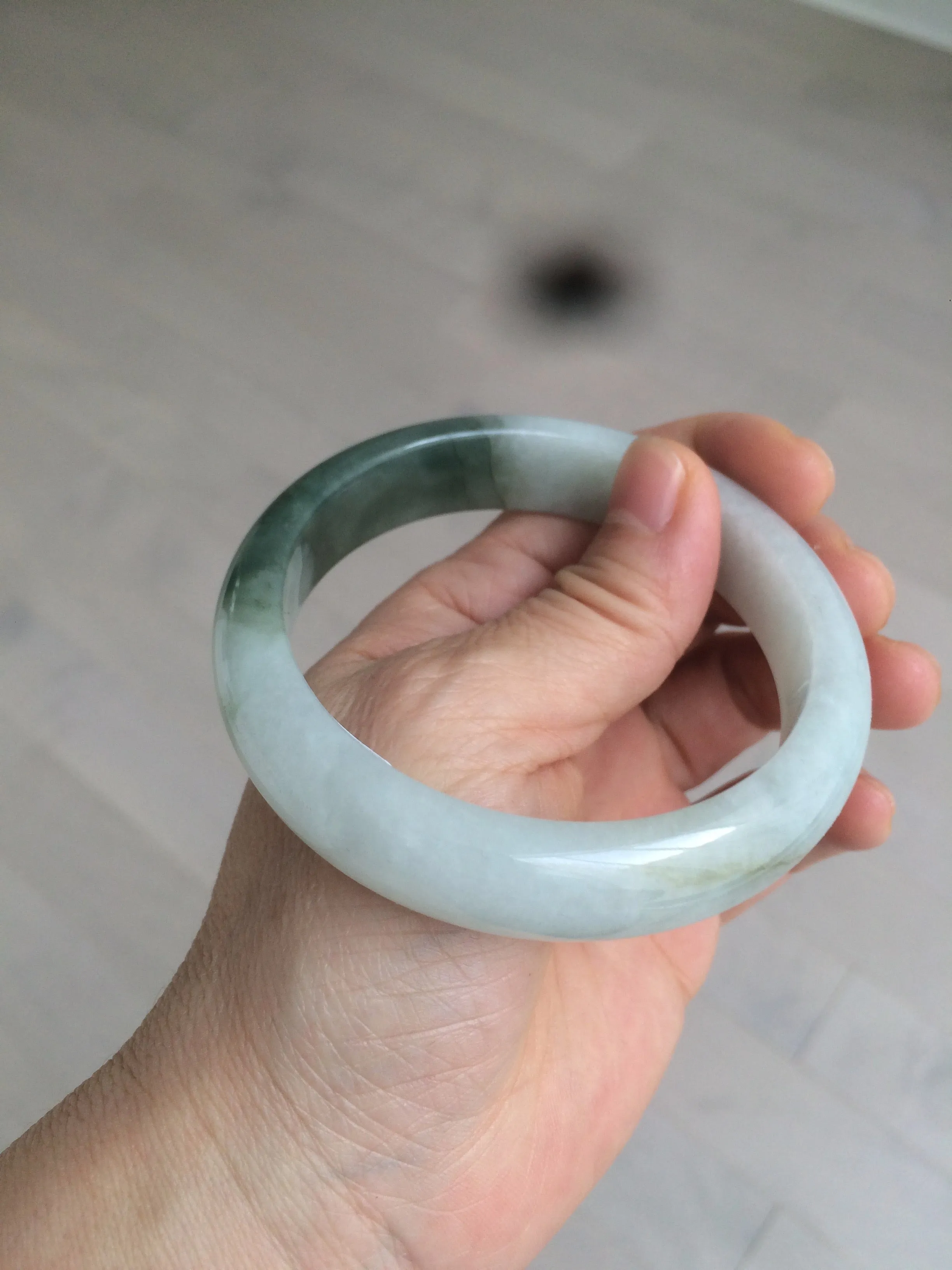 59.2mm certified type A 100% Natural watery dark green/black/white Jadeite jade bangle BF22-0395