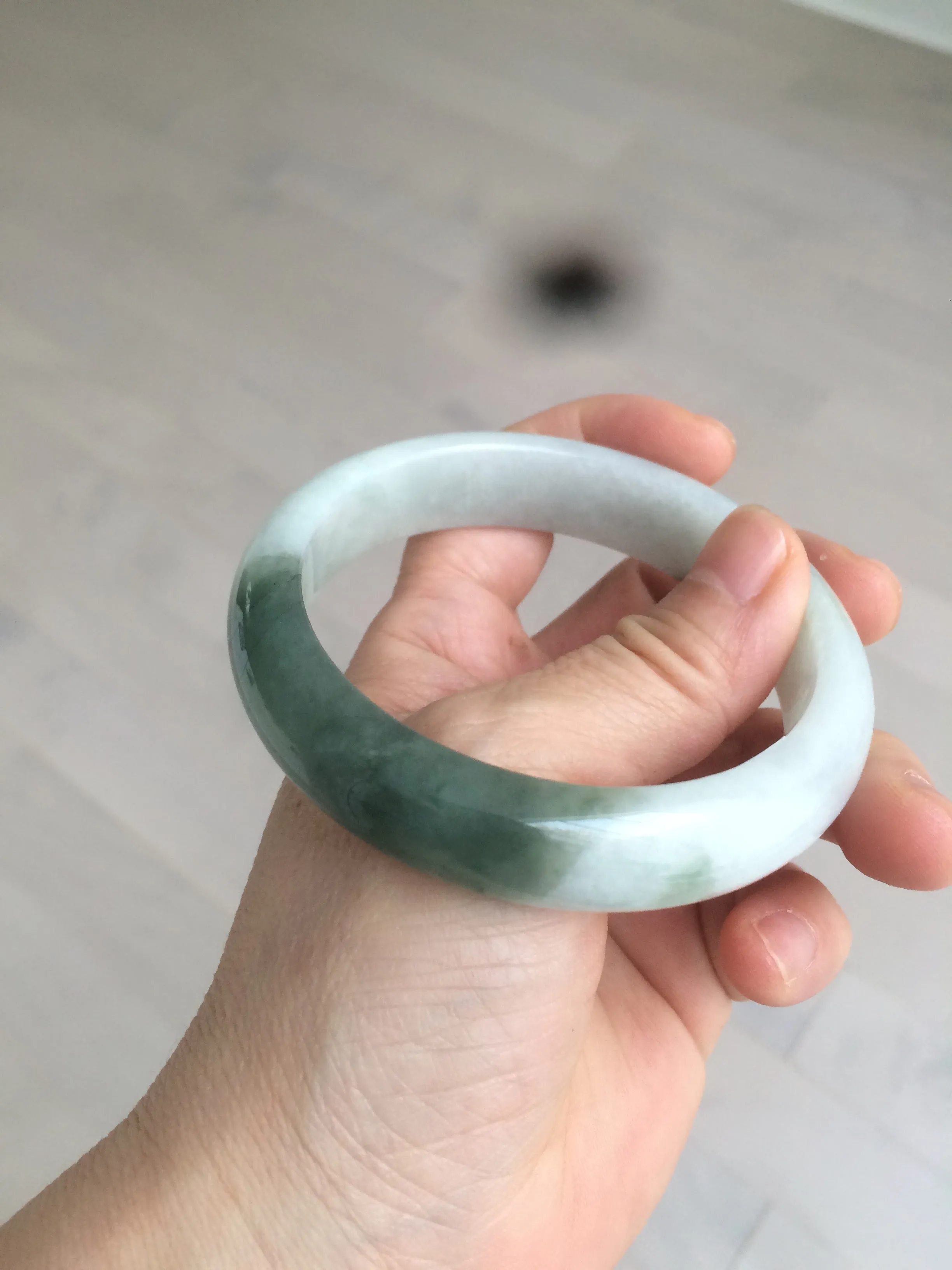 59.2mm certified type A 100% Natural watery dark green/black/white Jadeite jade bangle BF22-0395