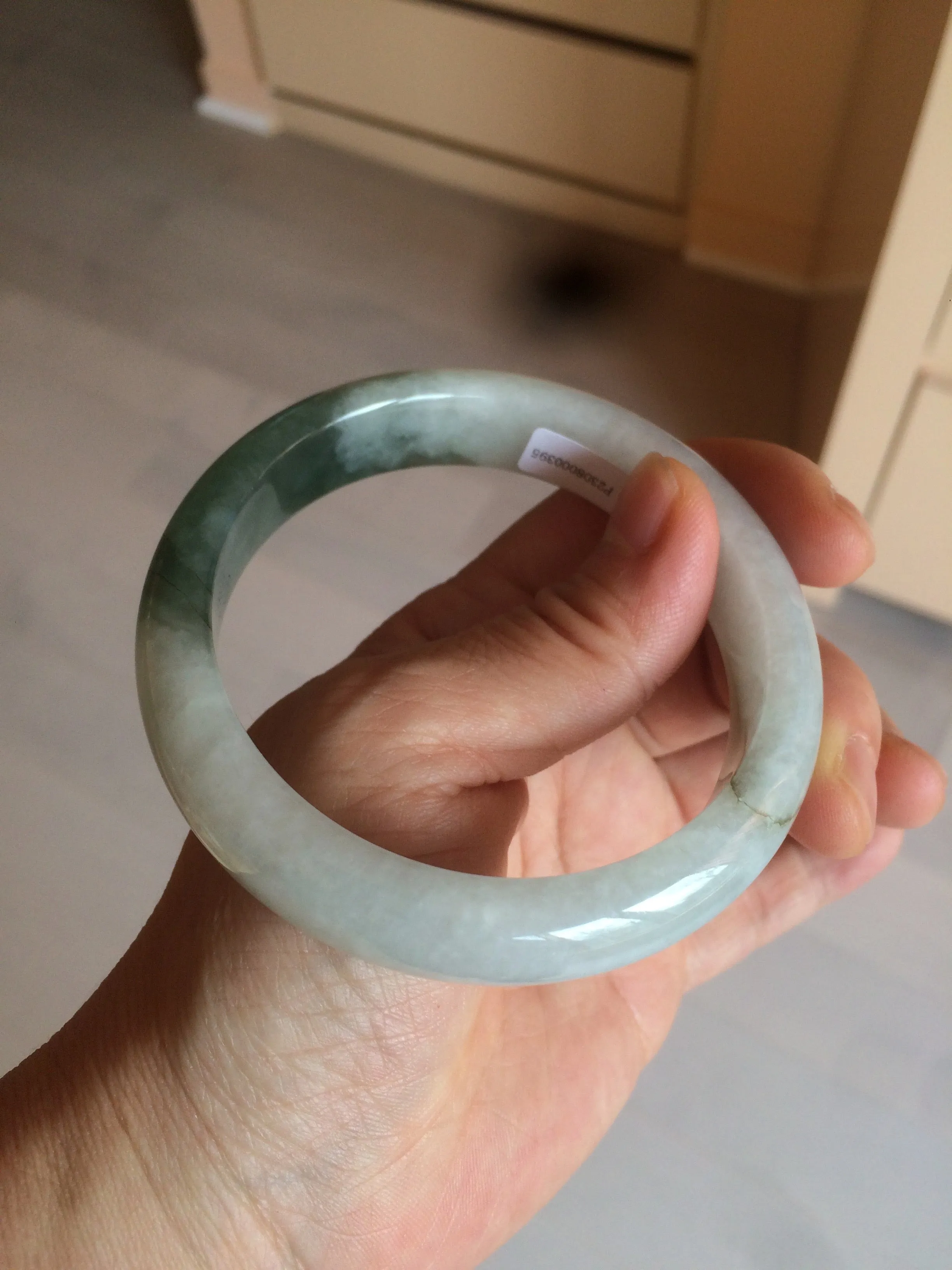 59.2mm certified type A 100% Natural watery dark green/black/white Jadeite jade bangle BF22-0395