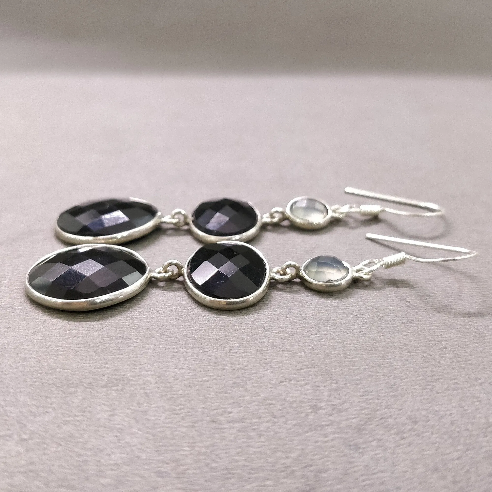 925 Sterling Silver Black Rhinestone Gemstone Round Oval 2.6" Long Triple Drop Dangle Hook Ear Wire Bezel Set Fashion Earring Gift For Her