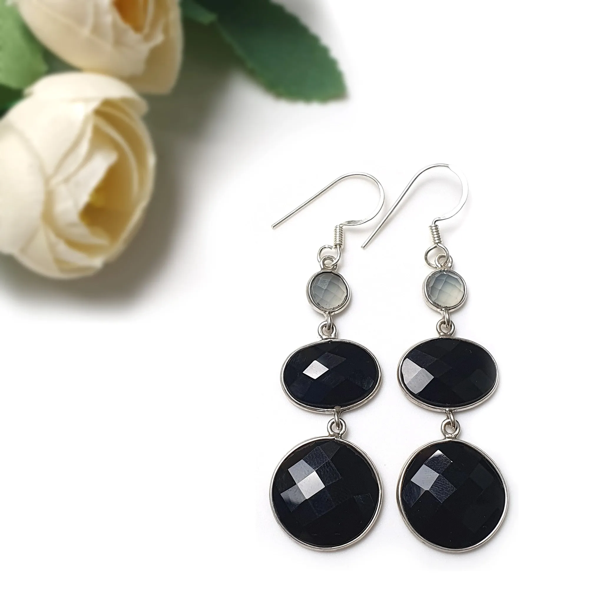 925 Sterling Silver Black Rhinestone Gemstone Round Oval 2.6" Long Triple Drop Dangle Hook Ear Wire Bezel Set Fashion Earring Gift For Her