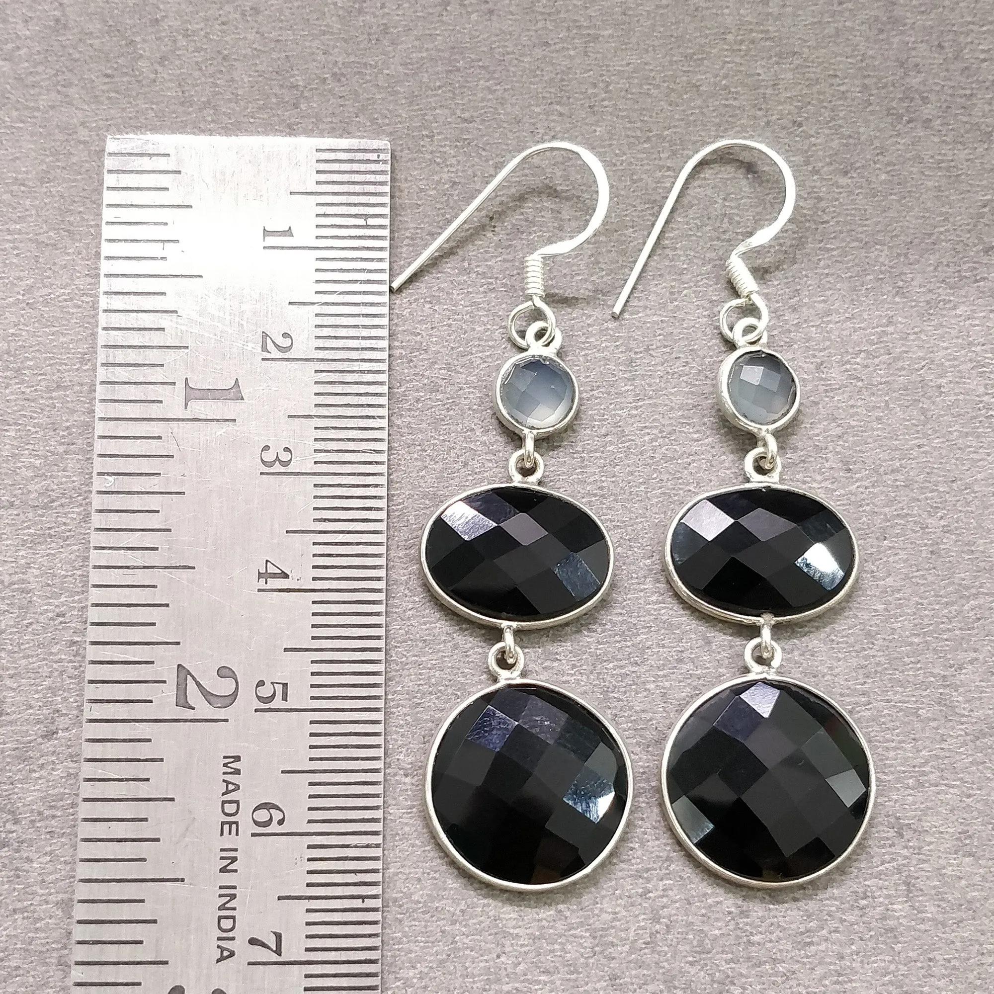 925 Sterling Silver Black Rhinestone Gemstone Round Oval 2.6" Long Triple Drop Dangle Hook Ear Wire Bezel Set Fashion Earring Gift For Her