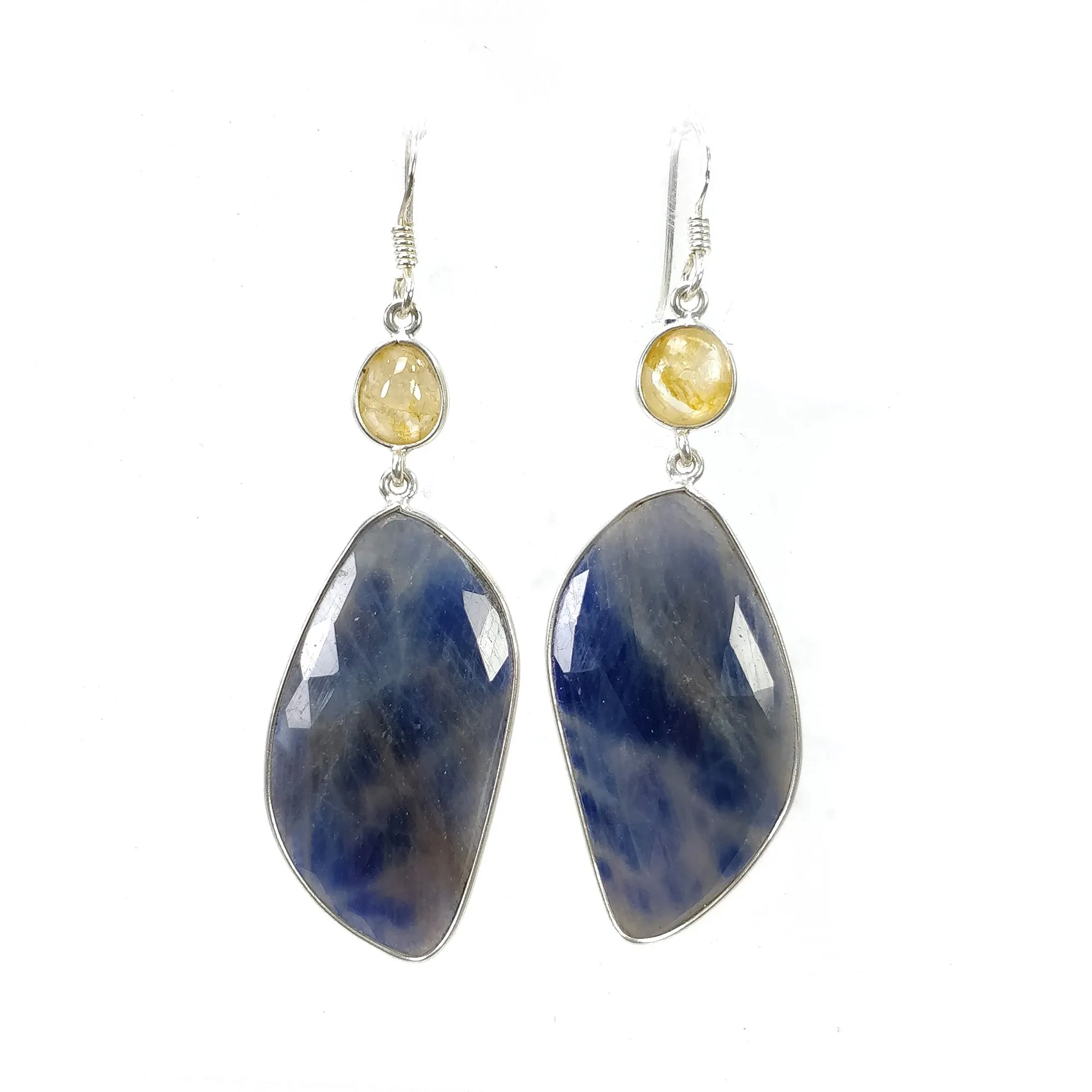 925 Sterling Silver BLUE YELLOW SAPPHIRE Bezel Set Earrings : 12.07gms Natural Untreated Drop Dangle Hook Earrings 2.65"