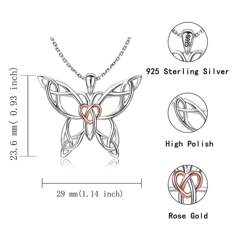 925 Sterling Silver Celtic Butterfly Heart Necklace Good Luck Gift for Ladies Women