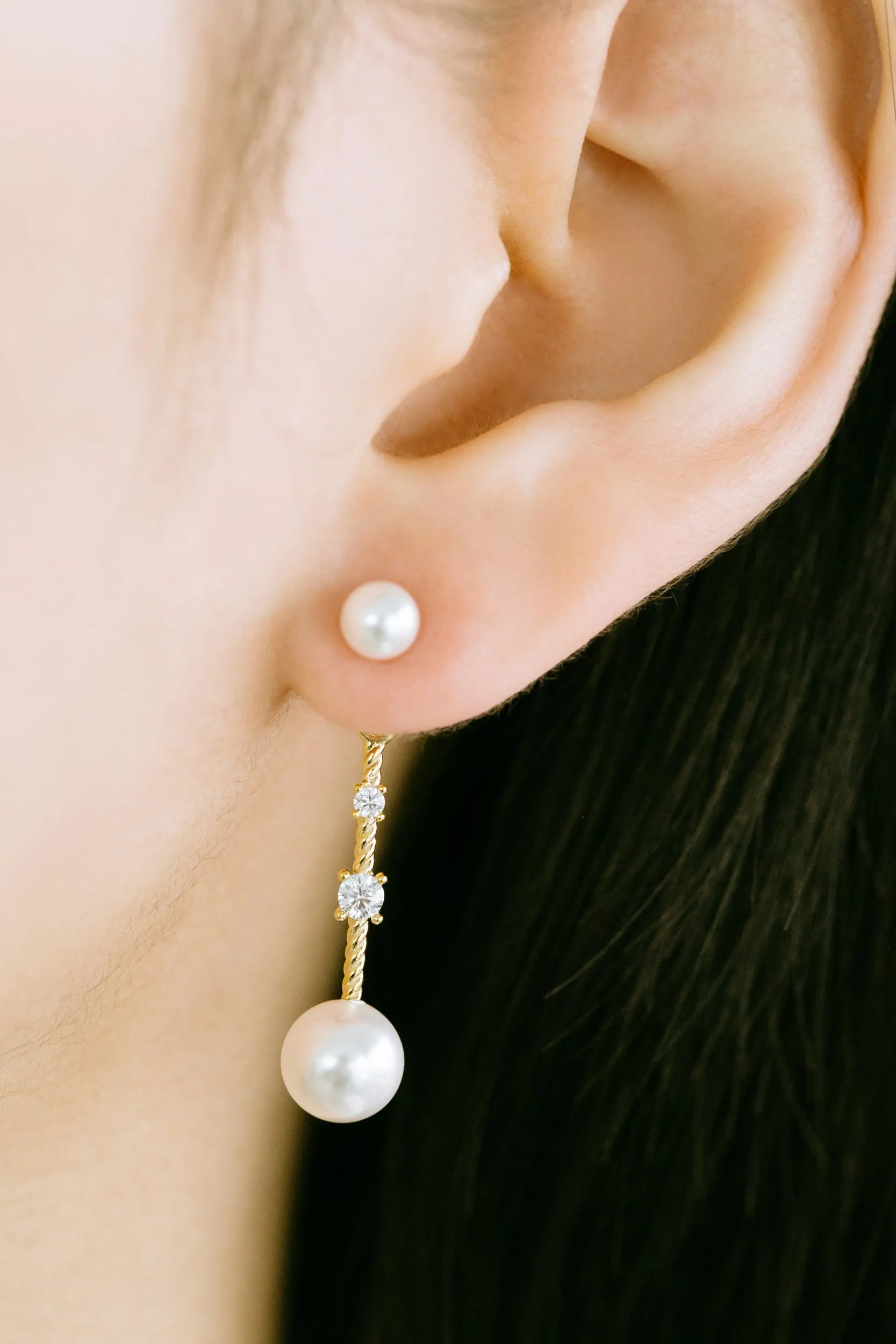 925 Sterling Silver Cz Simulated Pearl Ball Dangling Lope Chain Ear Studs Post Earrings