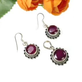 925 Sterling Silver Jewelry : Natural Glass Filled Ruby Gemstone Round Shape Bezel Set Pendant Earring Jewelry Set For Women