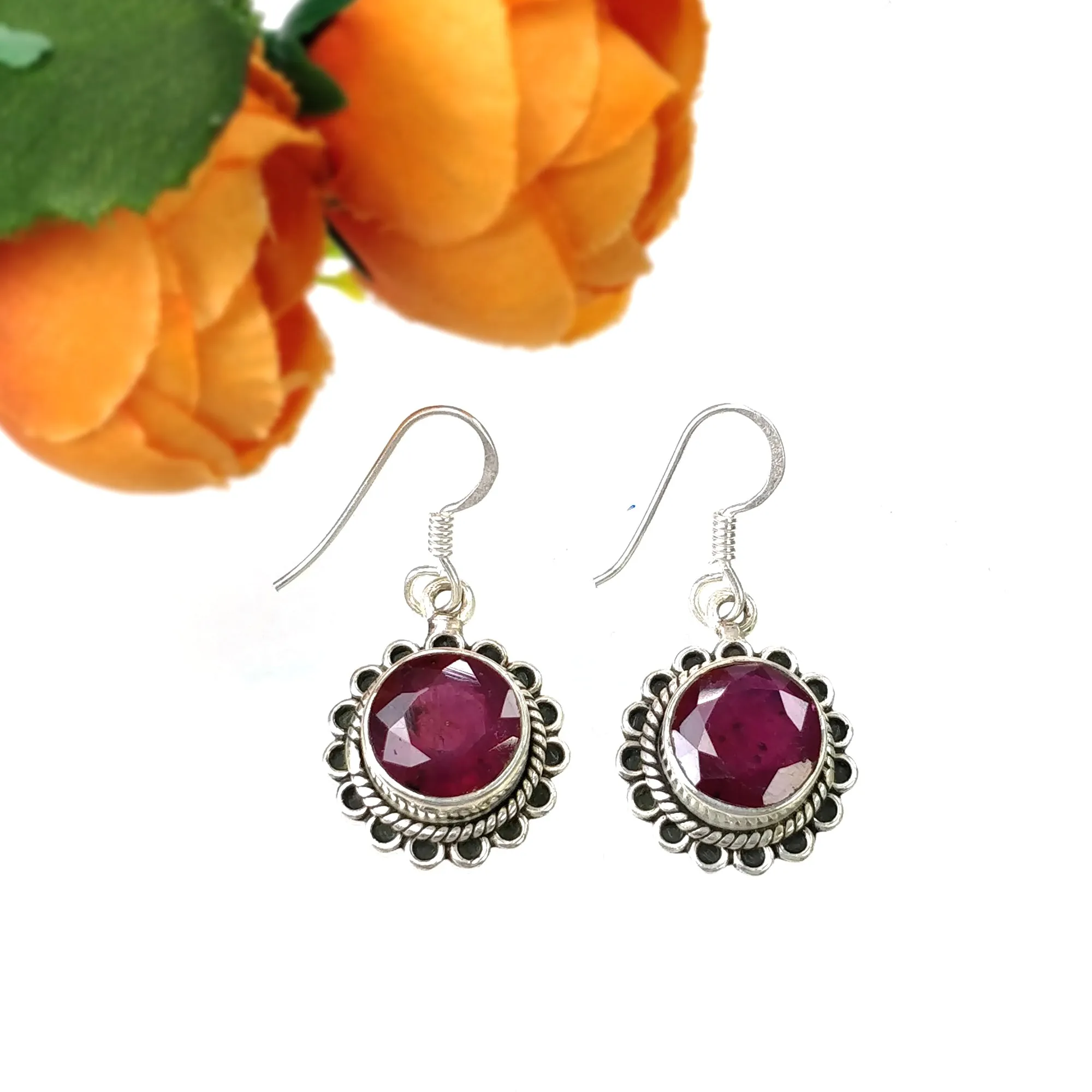 925 Sterling Silver Jewelry : Natural Glass Filled Ruby Gemstone Round Shape Bezel Set Pendant Earring Jewelry Set For Women