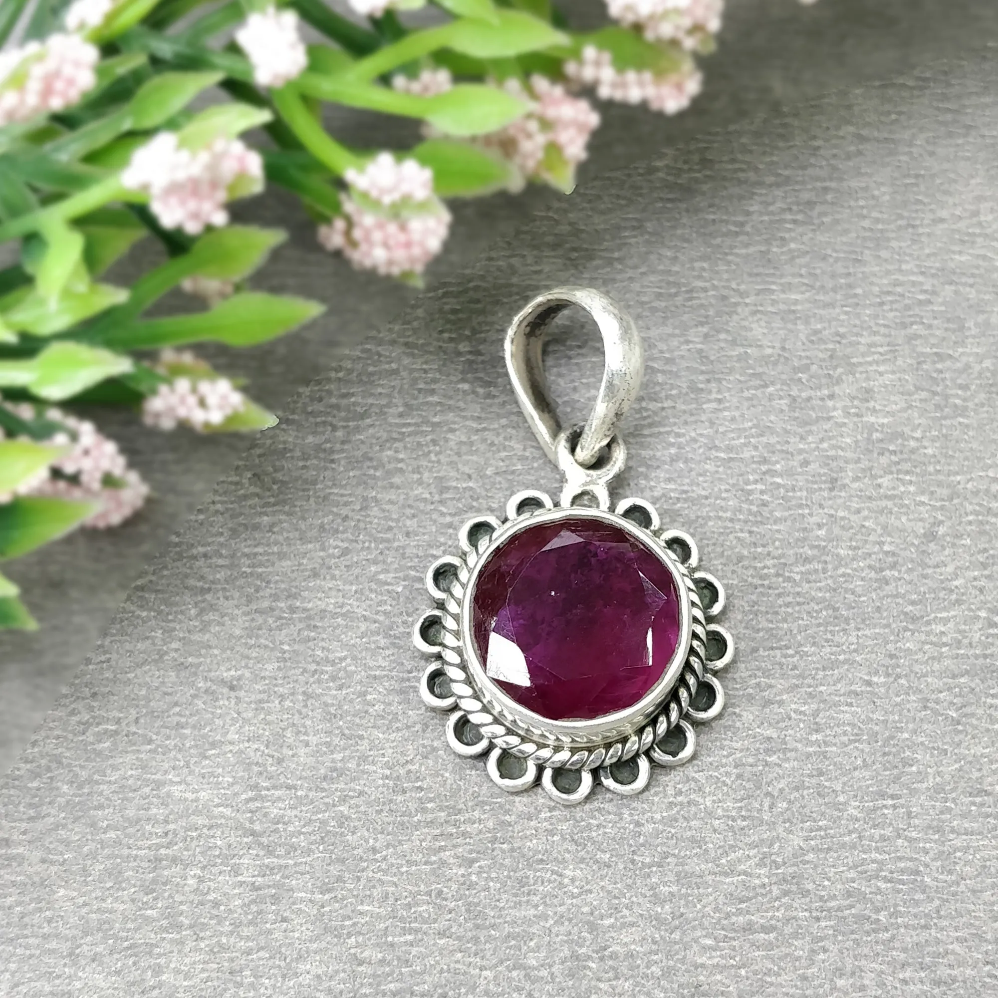 925 Sterling Silver Jewelry : Natural Glass Filled Ruby Gemstone Round Shape Bezel Set Pendant Earring Jewelry Set For Women