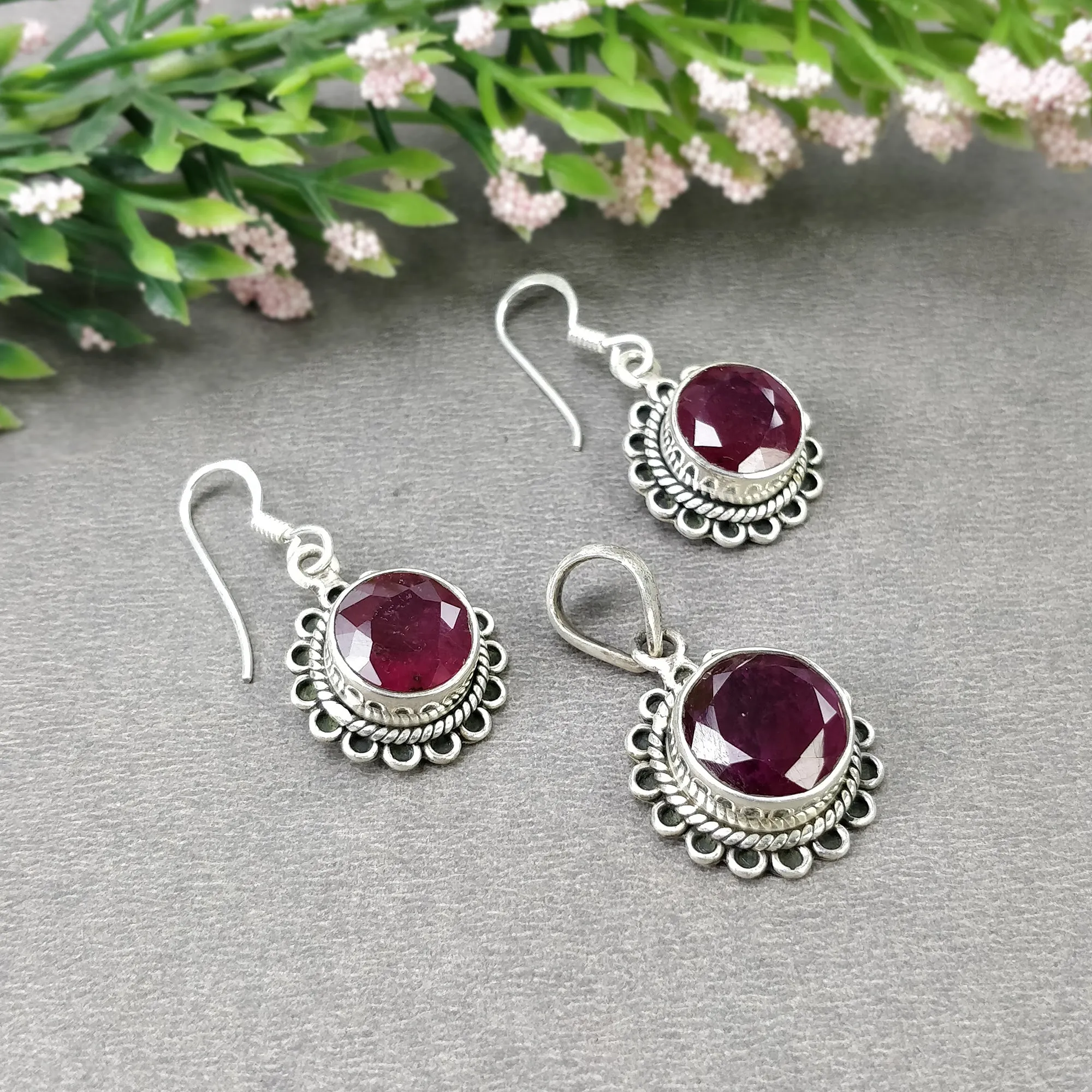 925 Sterling Silver Jewelry : Natural Glass Filled Ruby Gemstone Round Shape Bezel Set Pendant Earring Jewelry Set For Women