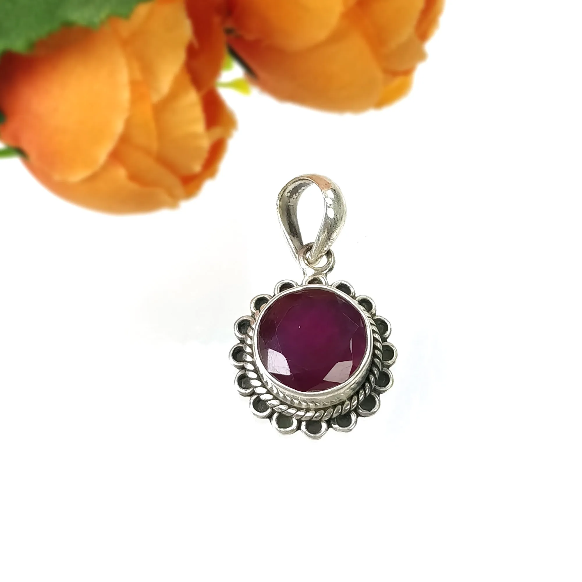 925 Sterling Silver Jewelry : Natural Glass Filled Ruby Gemstone Round Shape Bezel Set Pendant Earring Jewelry Set For Women