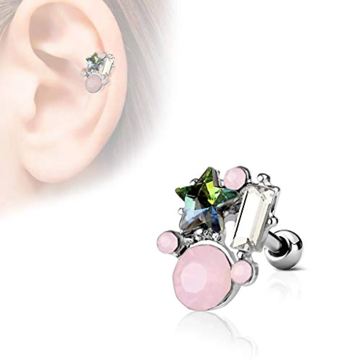 AB Crystal Star and Opalite Stones Cluster Top 316L Surgical Steel WildKlass Cartilage Barbell Studs